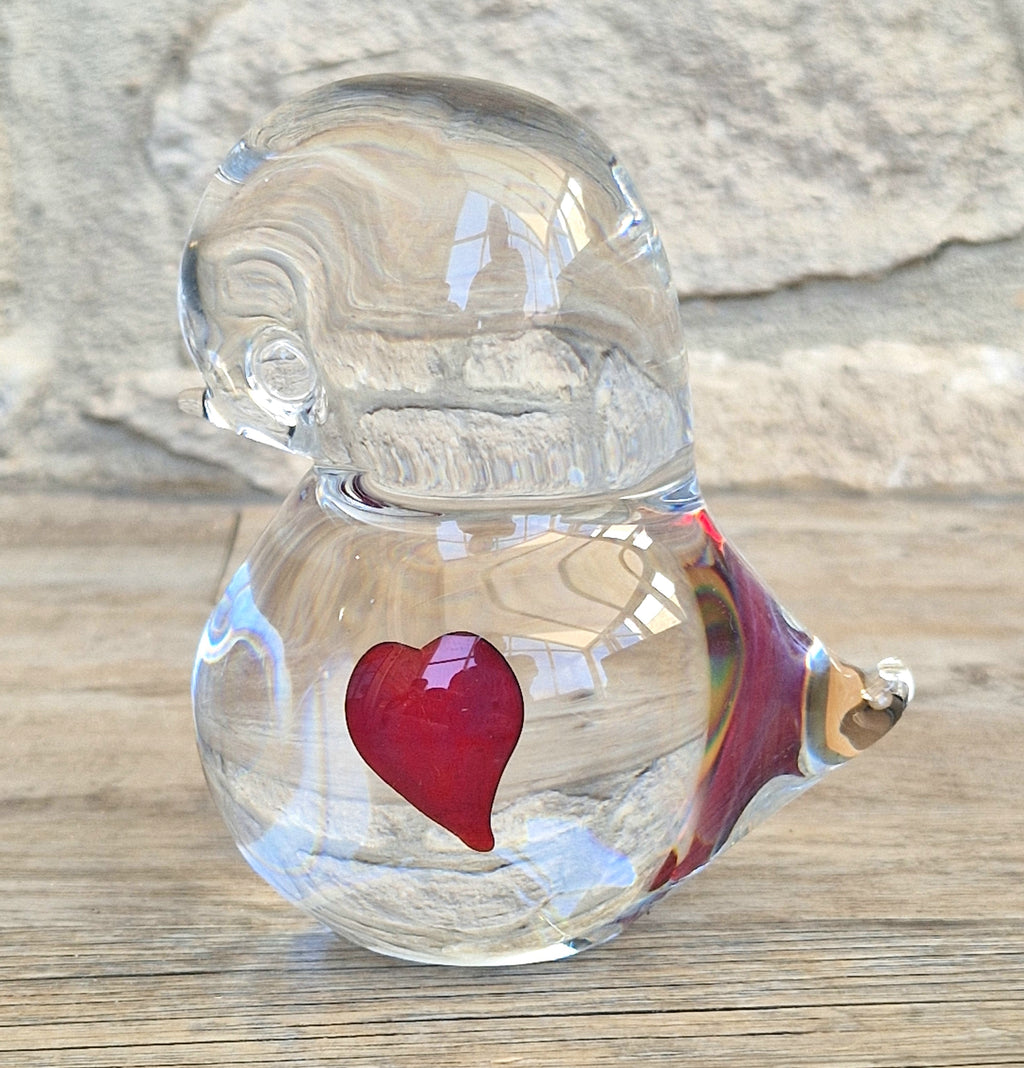 Art Glass Stylised Duckling Shaped Clear Glass With Embedded Red Heart Paperweight Ornament