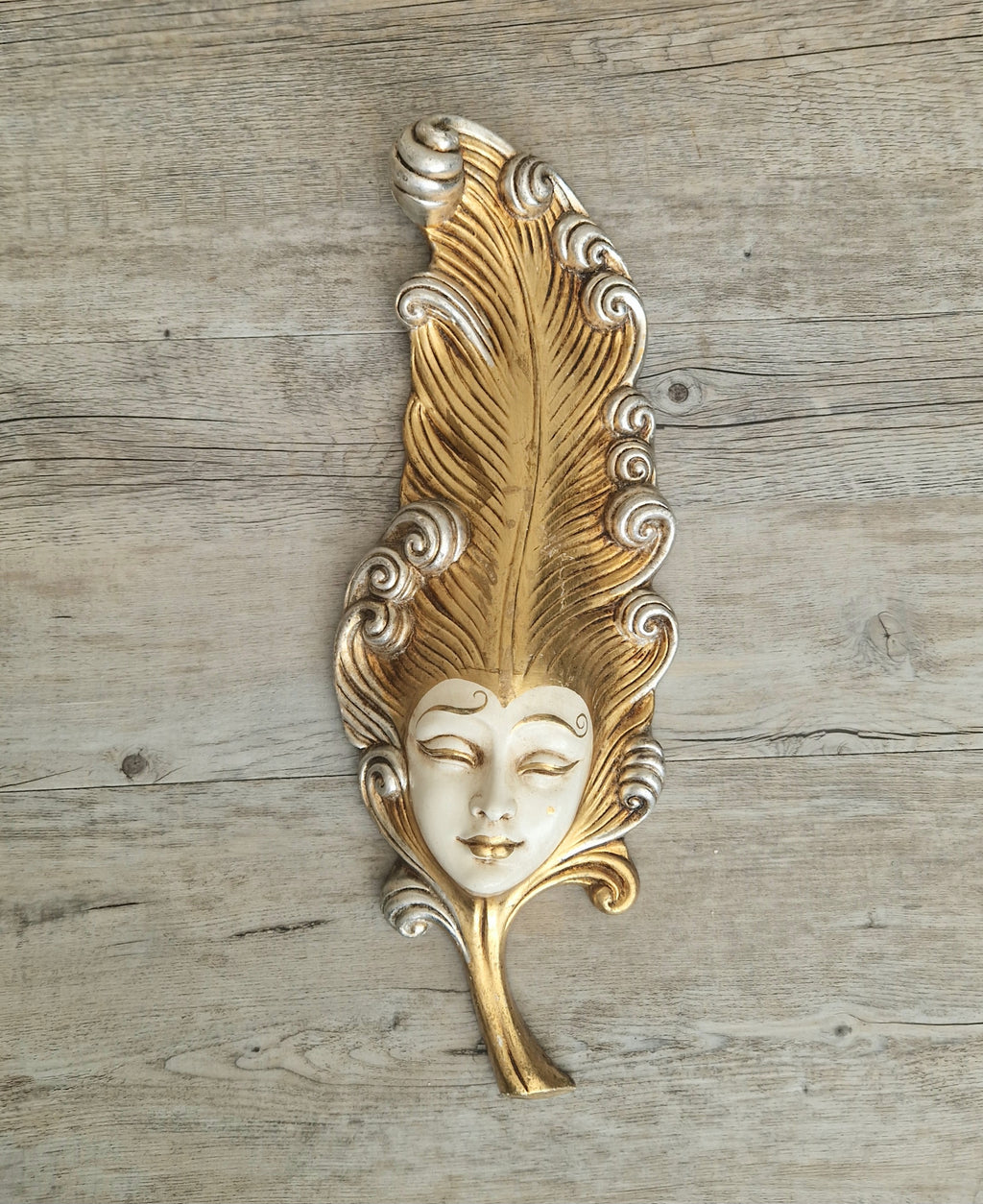 Vintage Venetian Wall Mask Feather Leaf Ceramic Gold Silver Made Italy 38cm Long