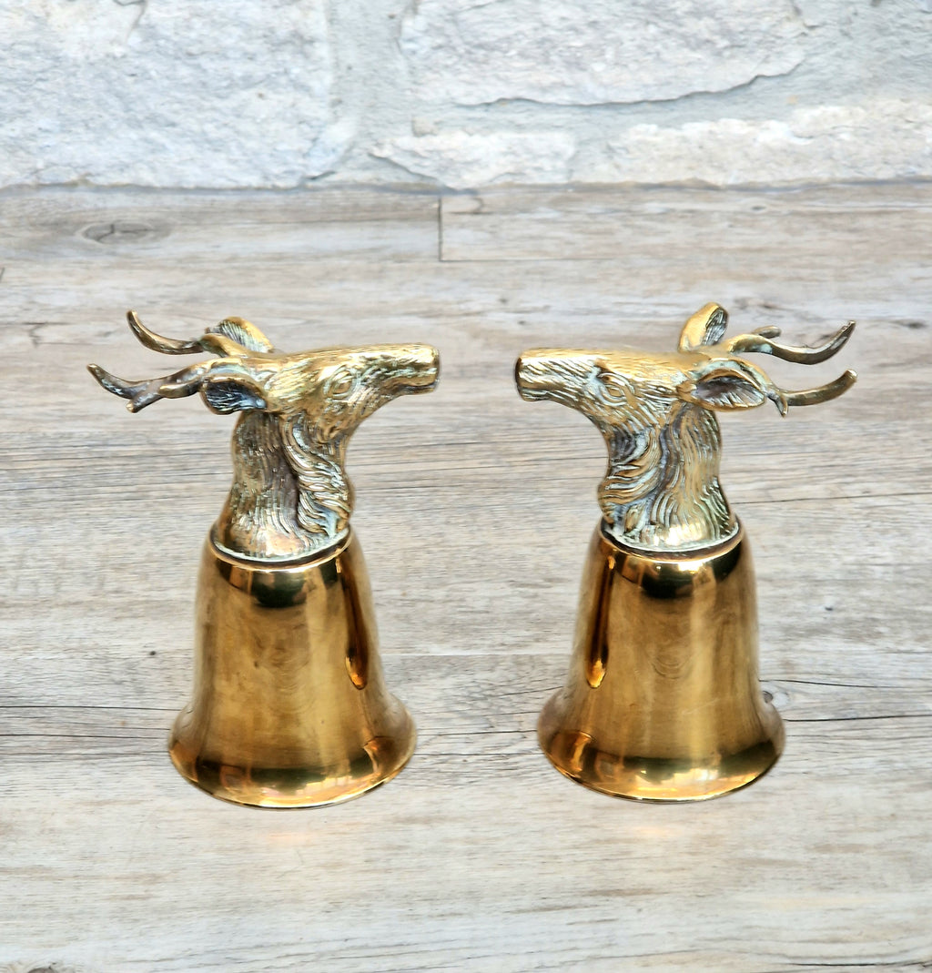 Pair Vintage Brass Stag Stirrup Cups Silver Plated Interiors Naturally Patinated Hunting Barware 1970s