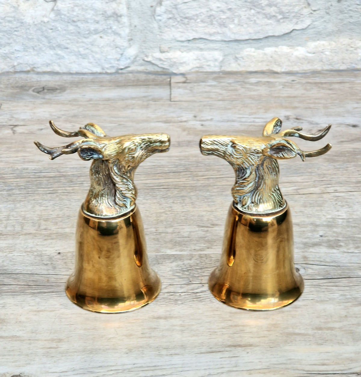 Pair Vintage Brass Stag Stirrup Cups Silver Plated Interiors Naturally Patinated Hunting Barware 1970s