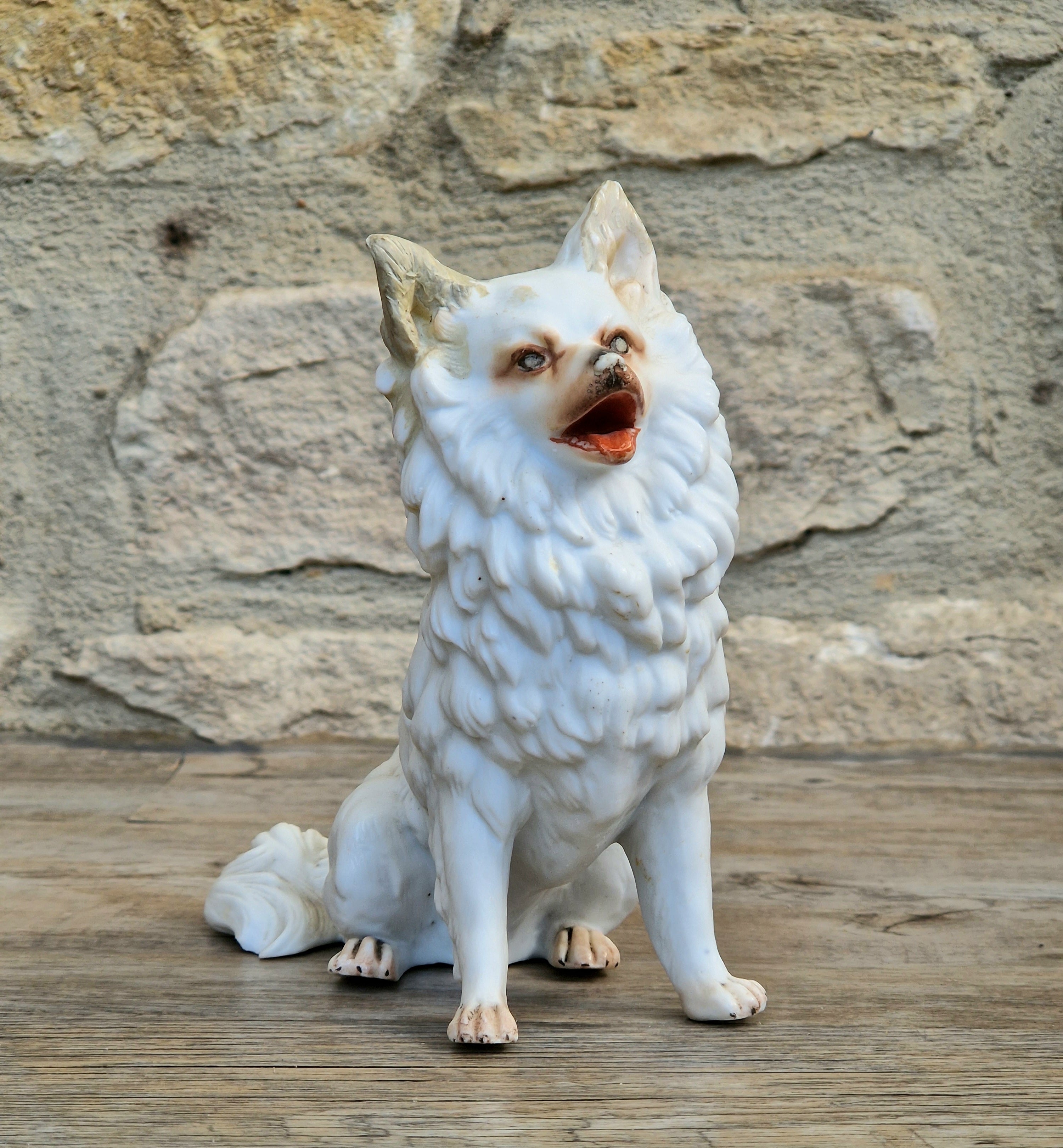 Antique Heubach Bisque Sitting Panting Spitz Dog: German Figure, Circa 1864-1880