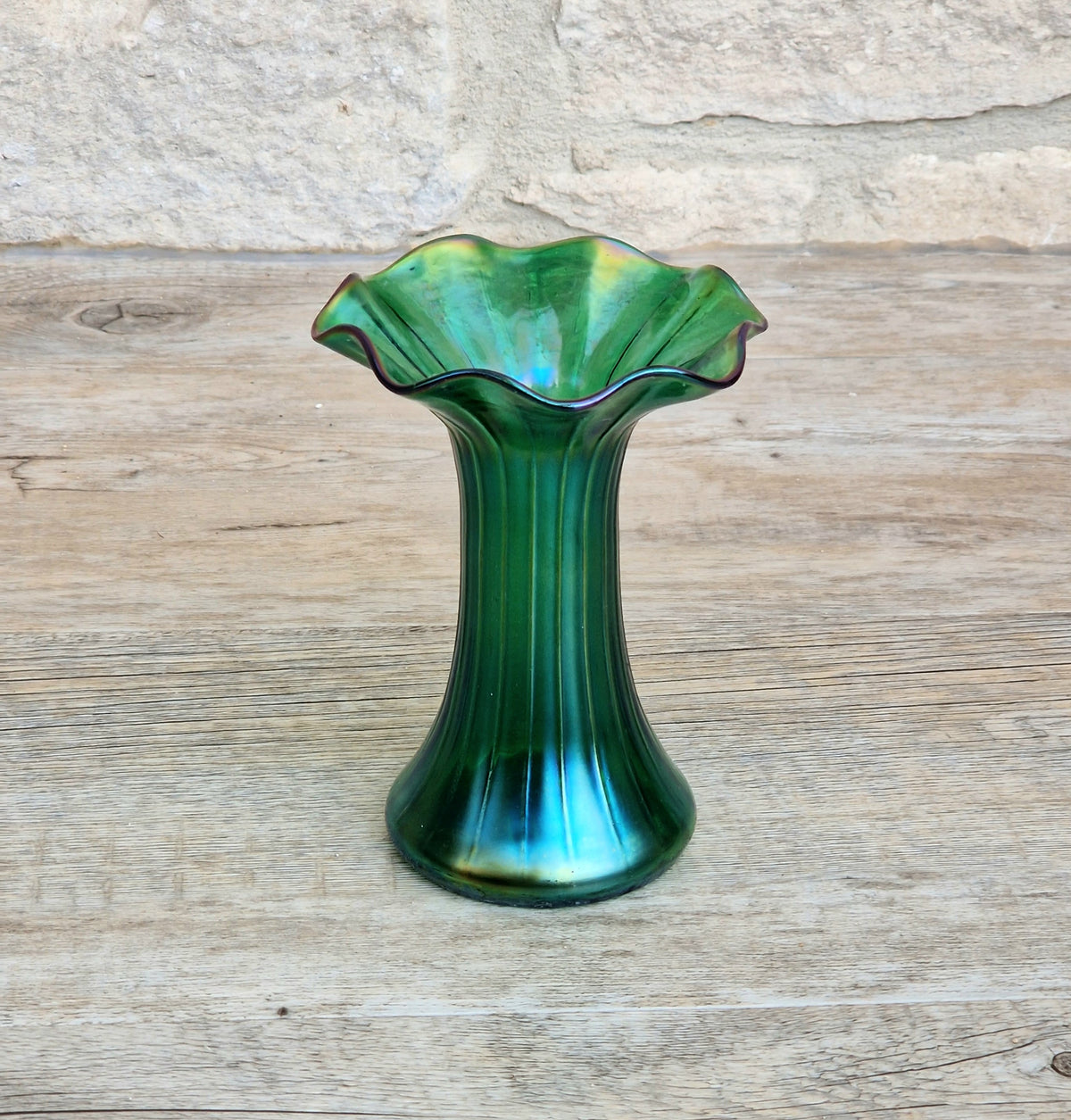 Antique Loetz Art Nouveau Creta Glatt Iridescent Green Glass Fluted Vase Polished Pontil c1900