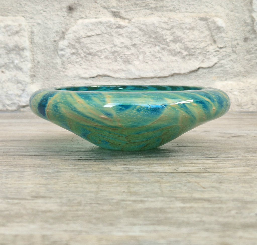 Mdina Glass Green Whirlpool Bowl Vintage 1970s Michael Harris Art Glass Malta