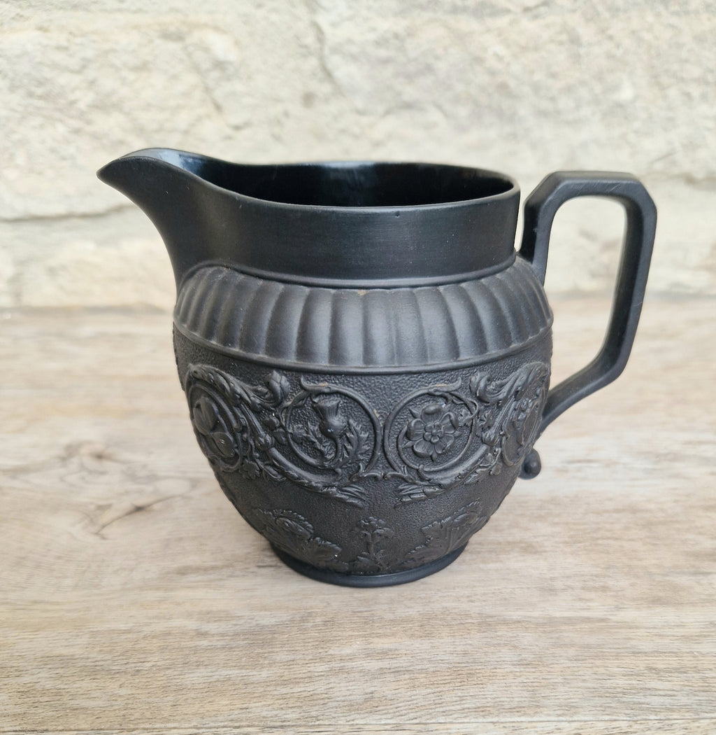 Antique Wedgwood Black Basalt Union Jug Creamer Pitcher Four Home Nations Relief Molded