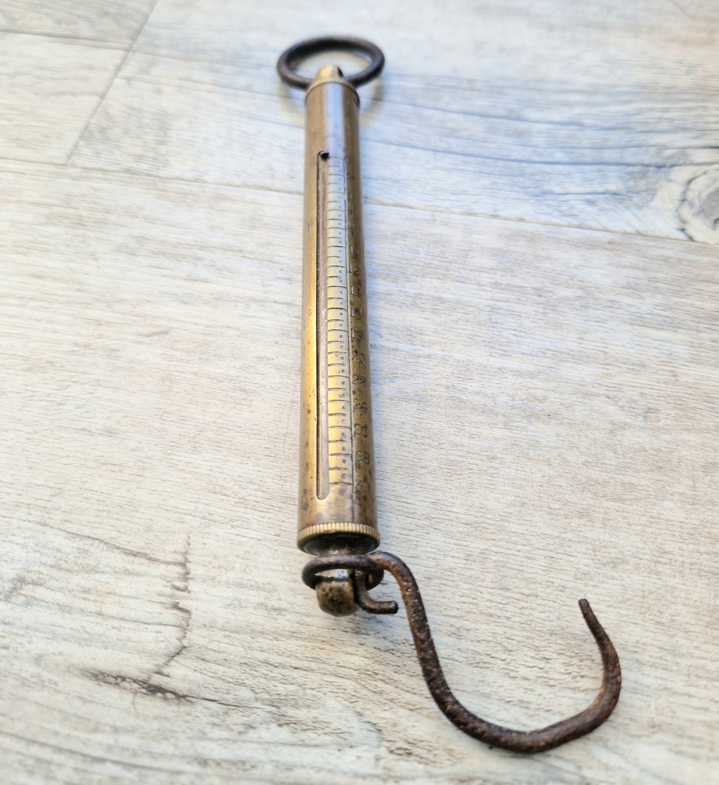 Antique Tubular Brass Spring Balance Scale Hanging Pocket Cylindrical Pocket Scales Working