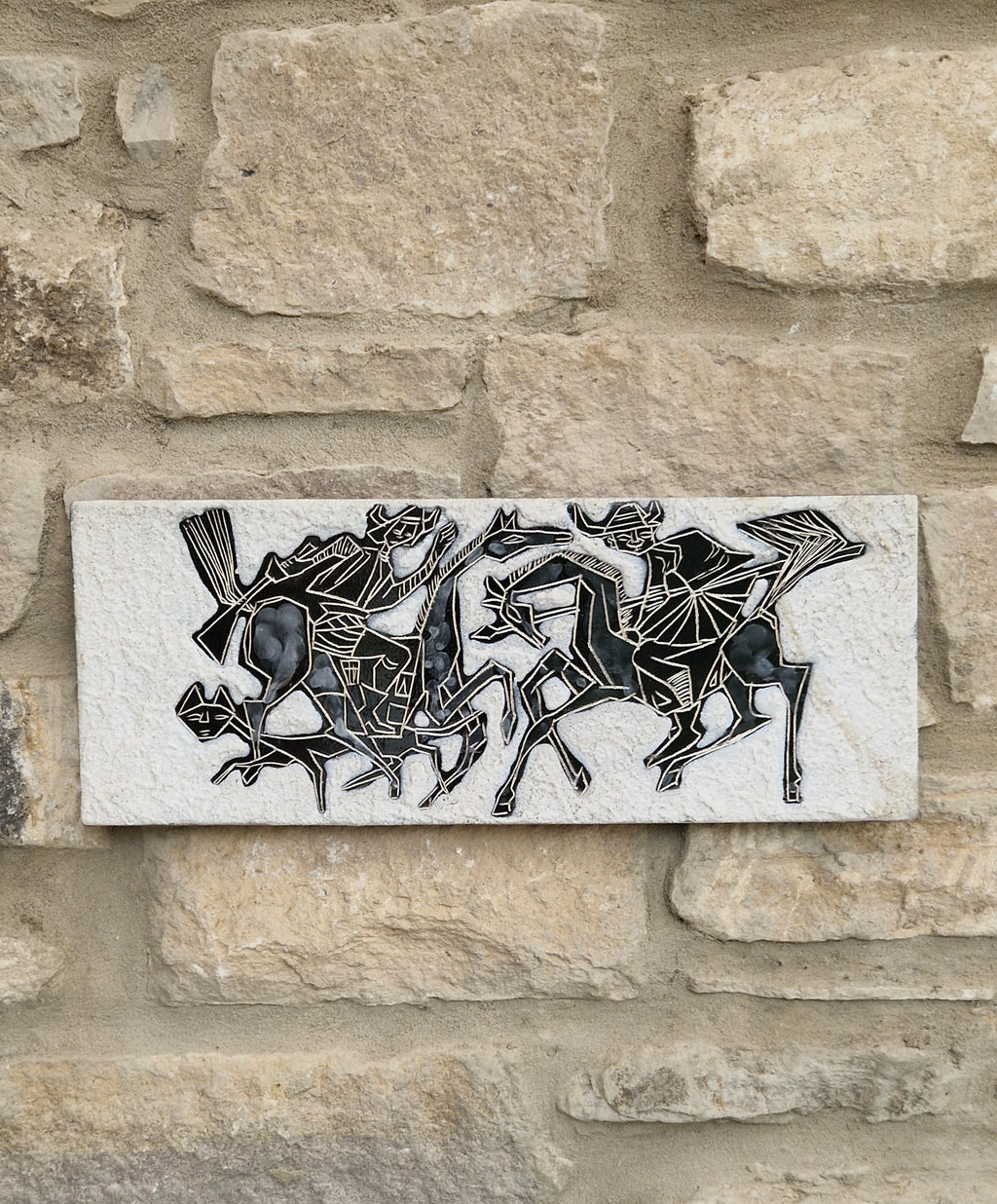 Mid-Century Italian Ceramic Art Plaque Warriors On Horseback Glazed Textured Art