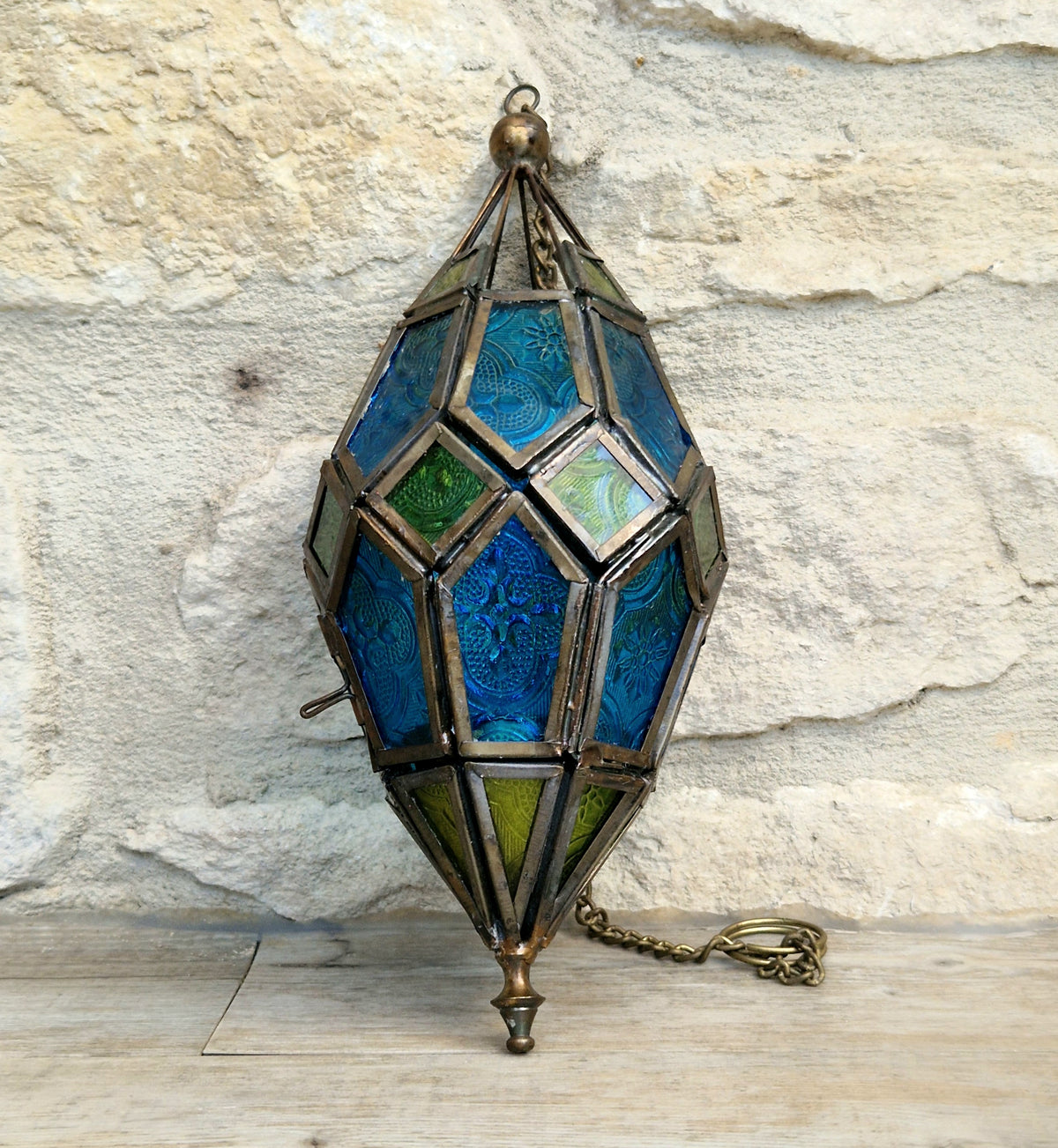 Vintage Moroccan Style Hanging Candle Lantern Multicoloured Moulded Glass Panels Metal Frame Bohemian Decor
