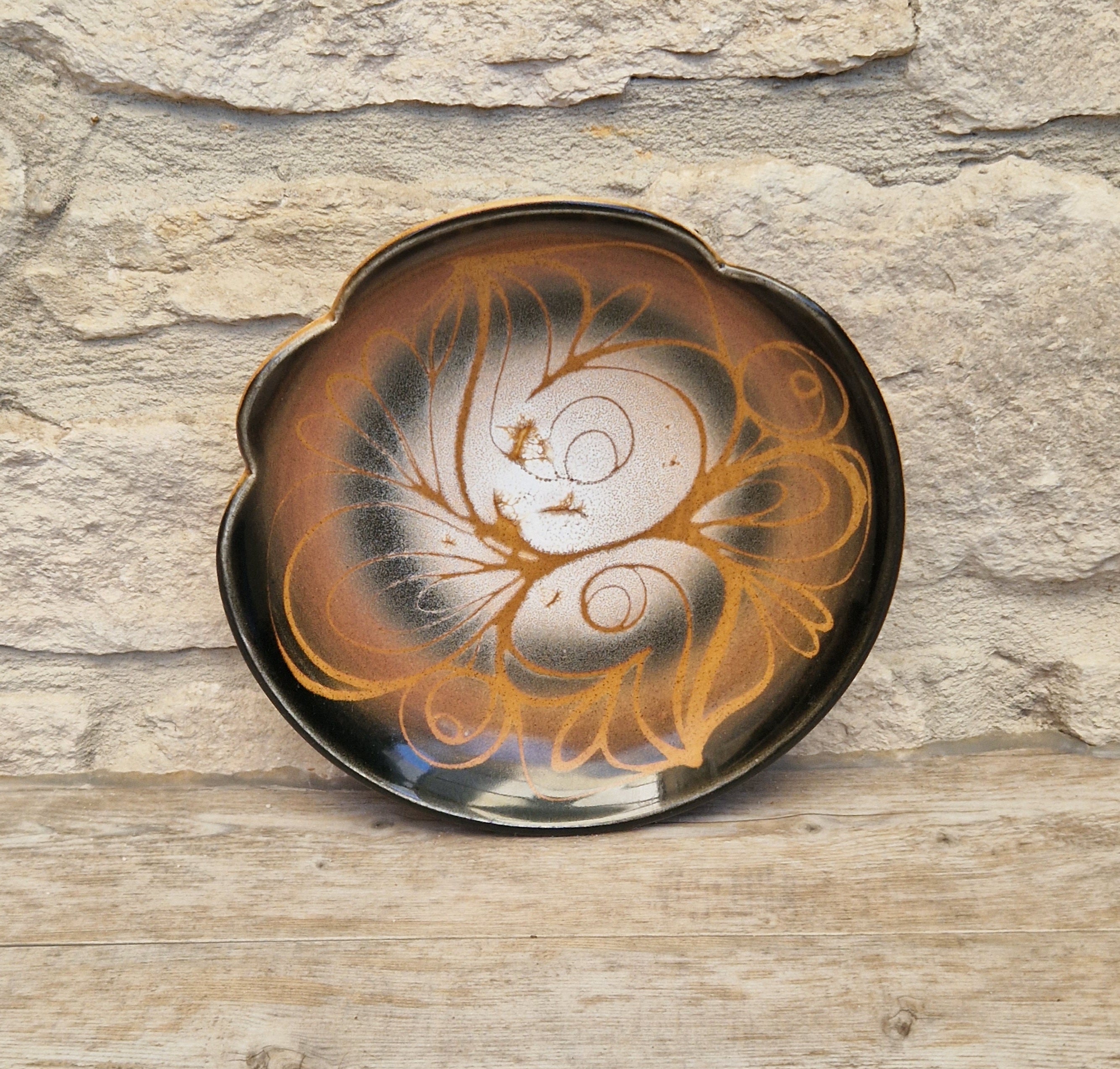 Poole Pottery Aegean "Sweetheart" Fluted Bowl Hand-Painted Stylized Butterfly Motif by Janet Brown Signed 1970s