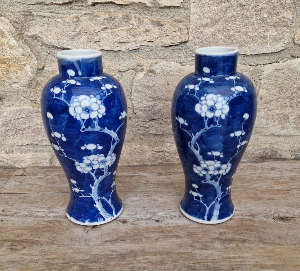 Pair Kangxi Style Blue & White Prunus Baluster Garniture Vases