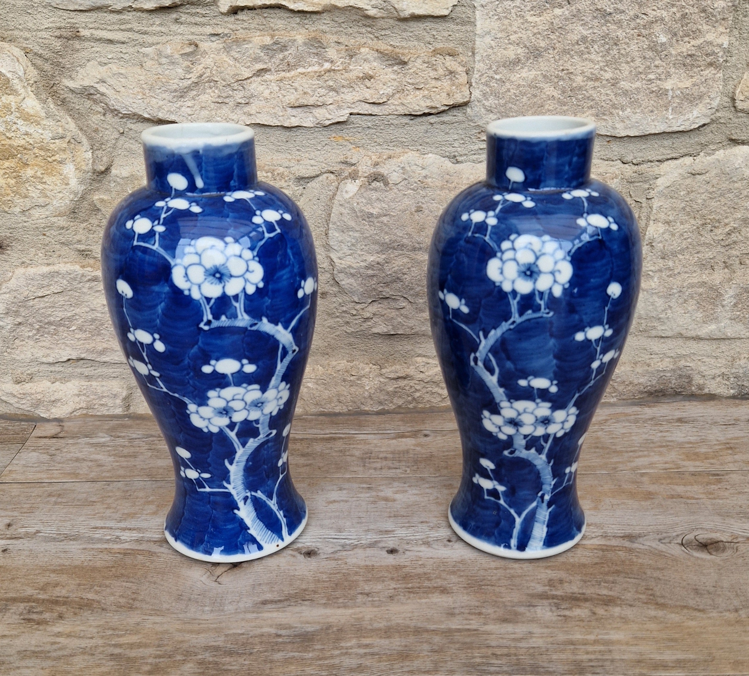Pair Kangxi Style Blue & White Prunus Baluster Garniture Vases