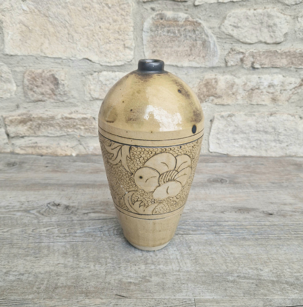 Large Chinese Cizhou Ware Meiping Style Stoneware Vase With Incised Floral Motif Design