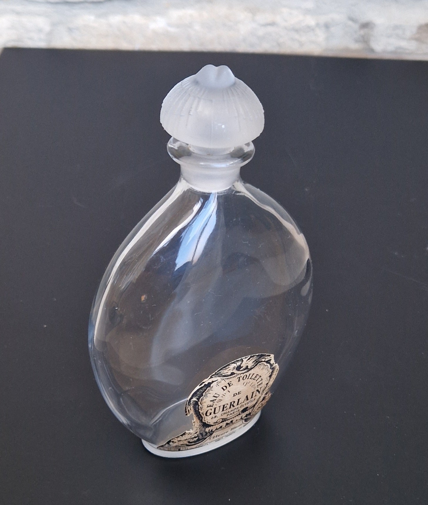 Guerlain Glass Perfume Bottle Dolphin Paper Label Frosted Stopper L'Heure Bleue 'Flacon Goutte' Empty 16.5cm