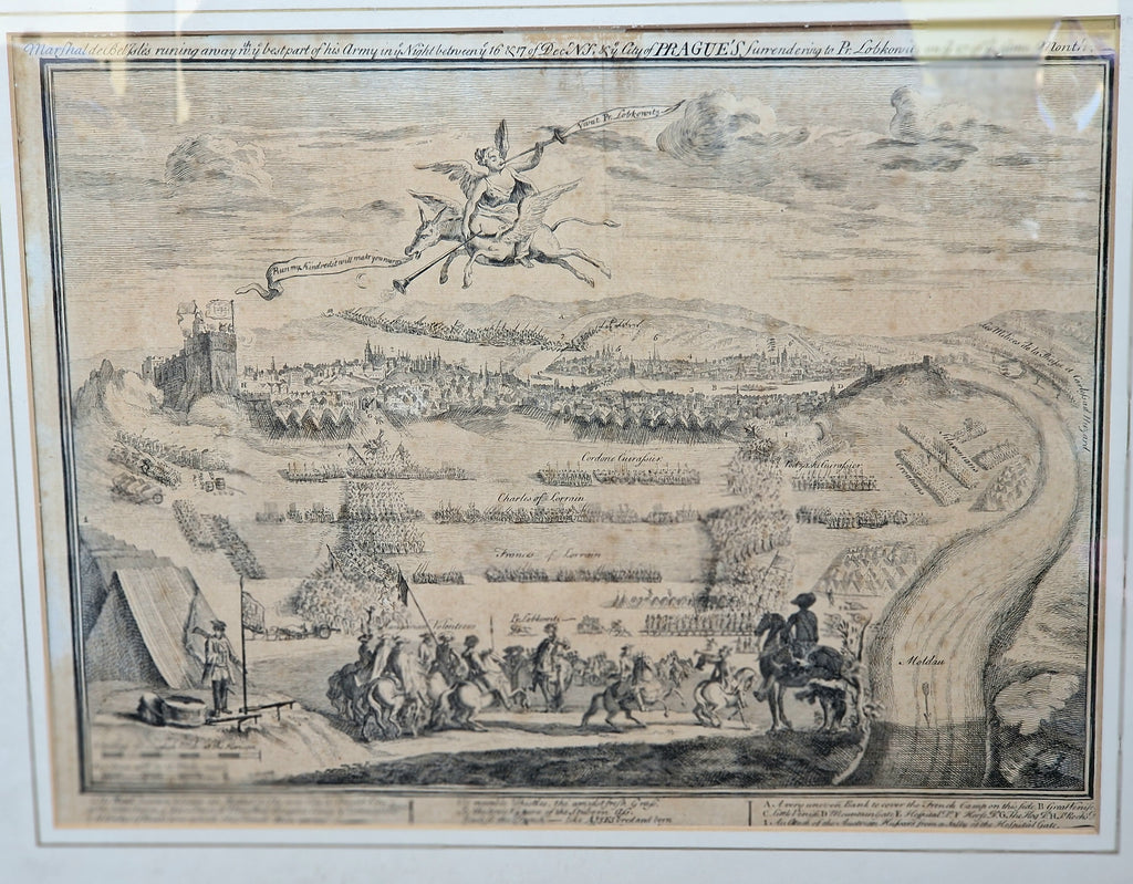 1742 Prague Siege Antique Copperplate Engraving John Bickham Military Battle Map Satire Print Framed