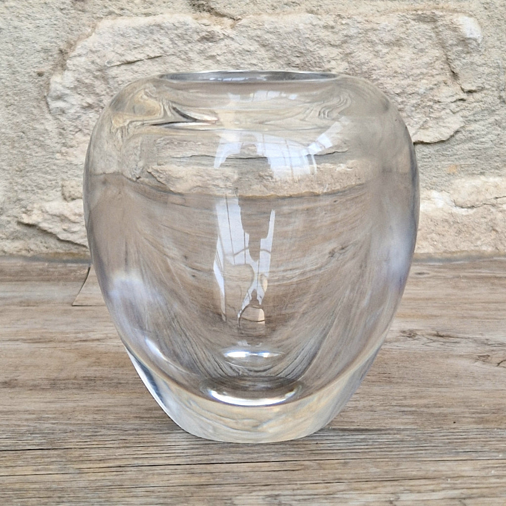 Heavy Mid-Century Clear Hand-Blown Art Glass Ovoid Vase With Polished Frosted Ring Base