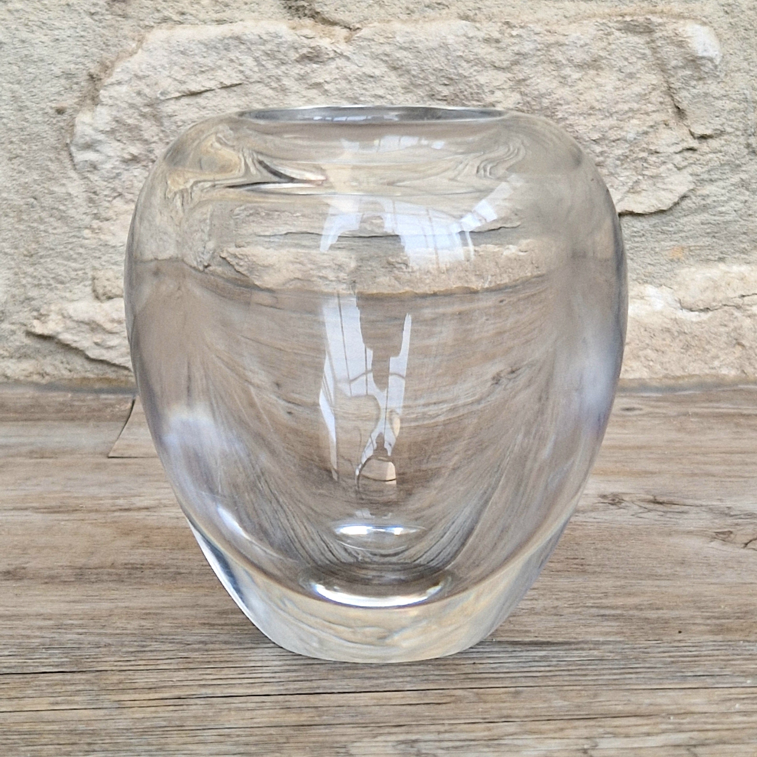 Heavy Mid-Century Clear Hand-Blown Art Glass Ovoid Vase With Polished Frosted Ring Base