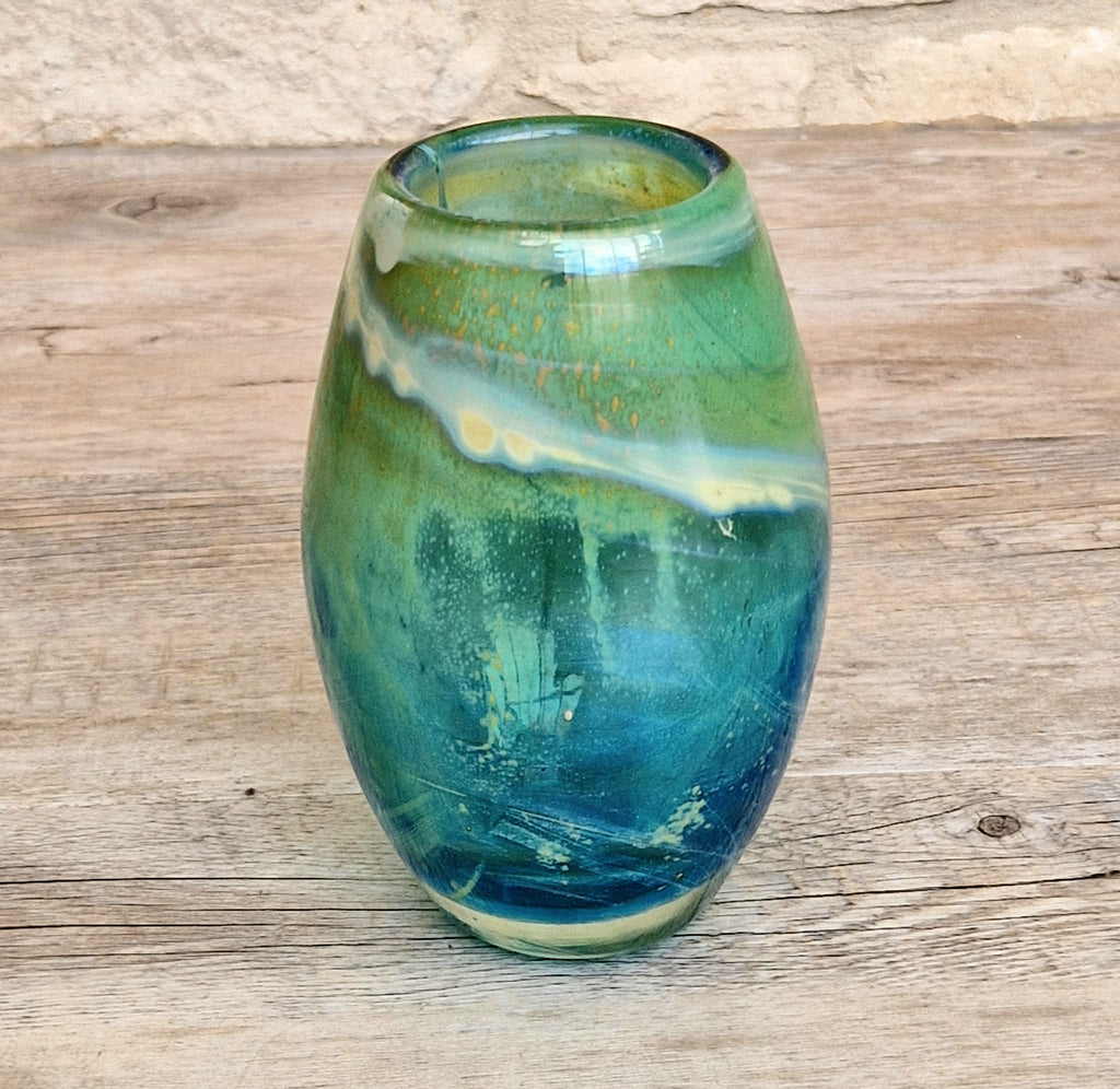 Vintage Mdina Maltese Art Glass Tiger Vase 16cm Signed Mid Century Blue Green 1kg