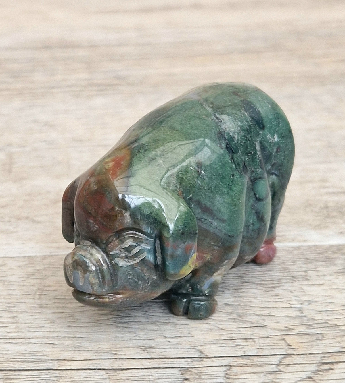 Vintage Fine Carved Moss Agate Standing Pig Figure Ornament 6.3cm