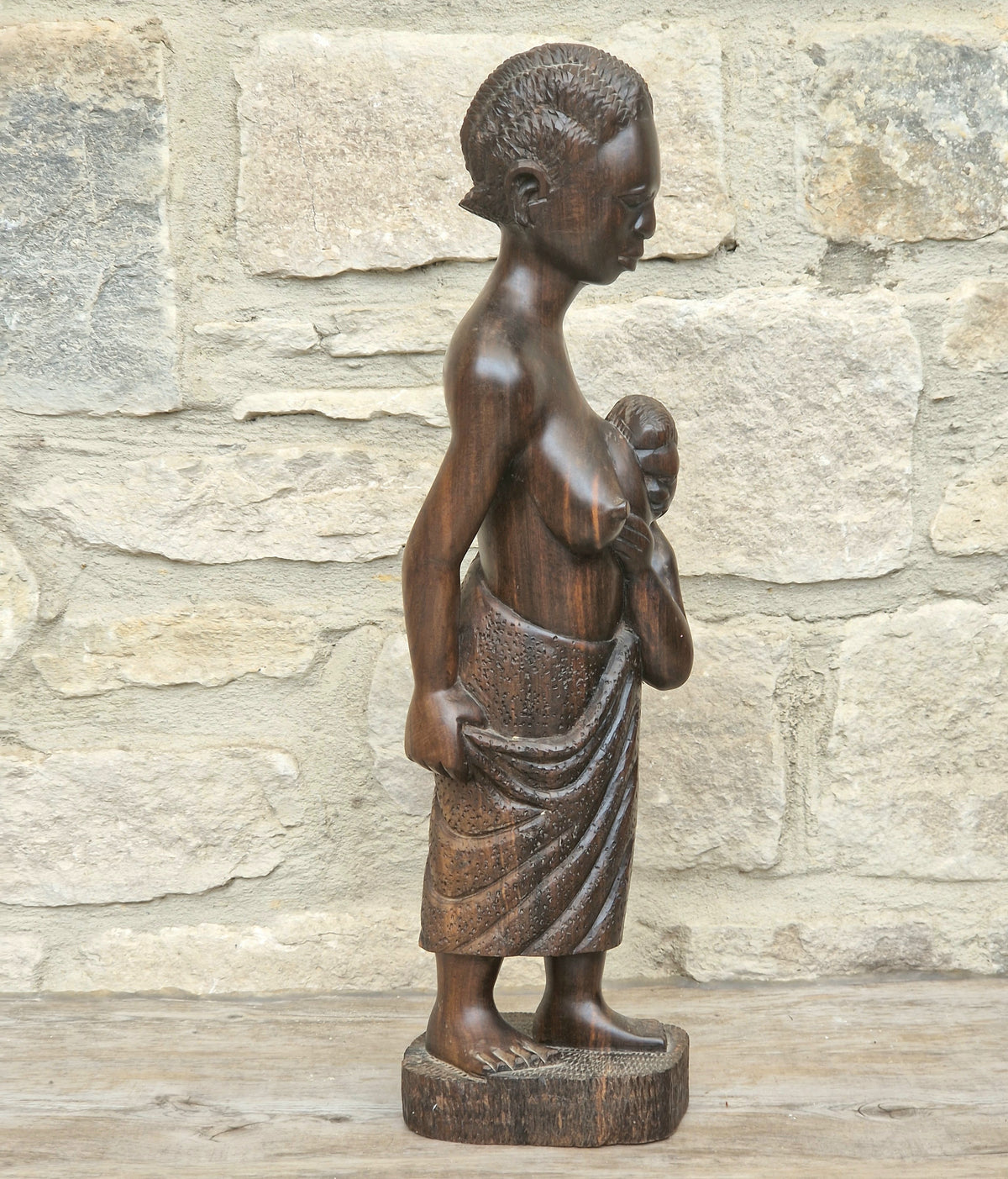 Vintage African Ebony Wood Mother Child Statue Hand Carved Tribal Figurine Boho Ethnic Home Decor