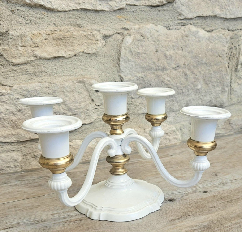Vintage White Enamel and Gold Five Candle Candelabra Four Arm Elegant Metal Centerpiece