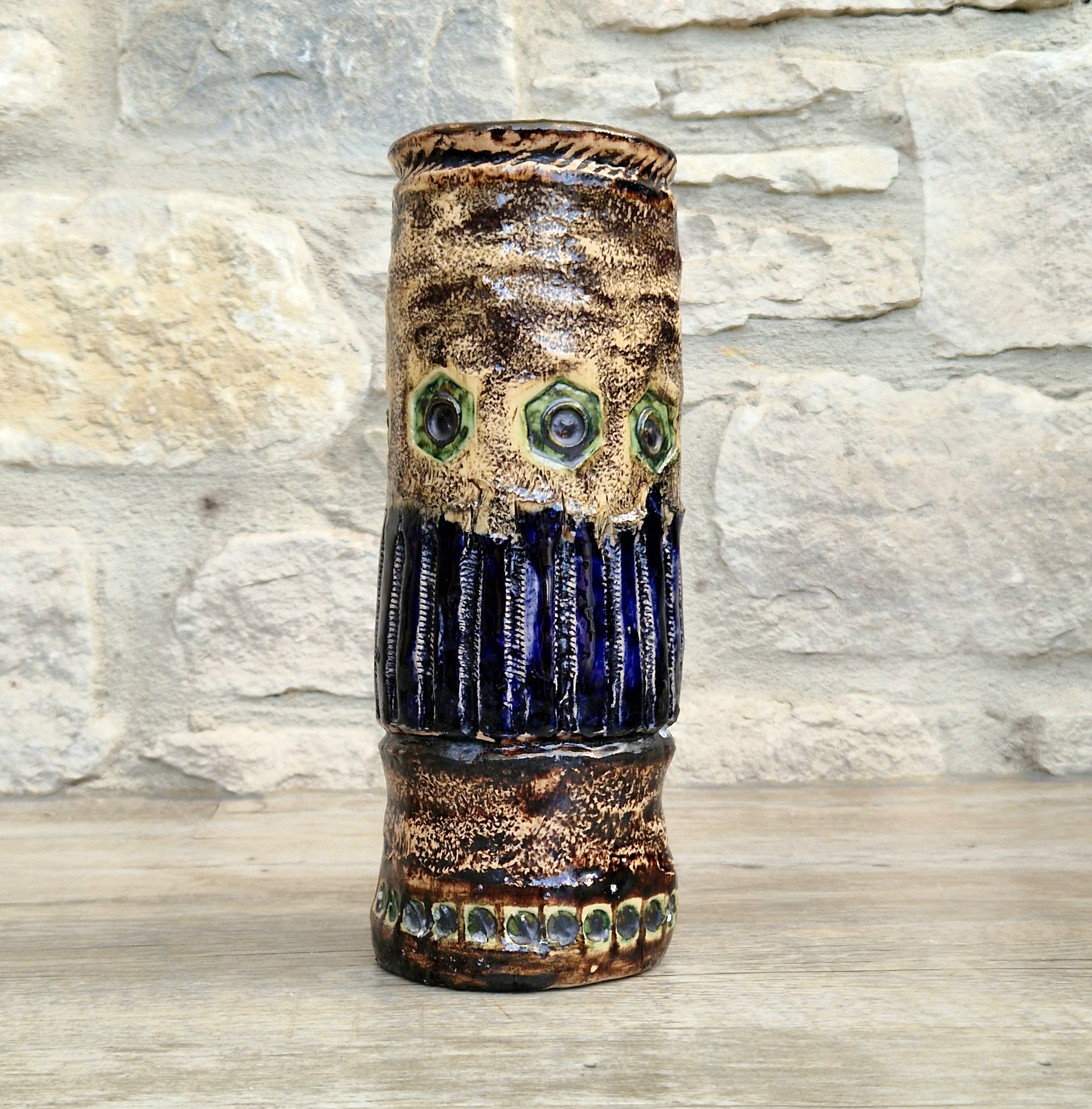 Vintage 1970s Cornish Brutalist Wheel Thrown Studio Pottery Blue Green Hexagon Medallion Ceramic Vase