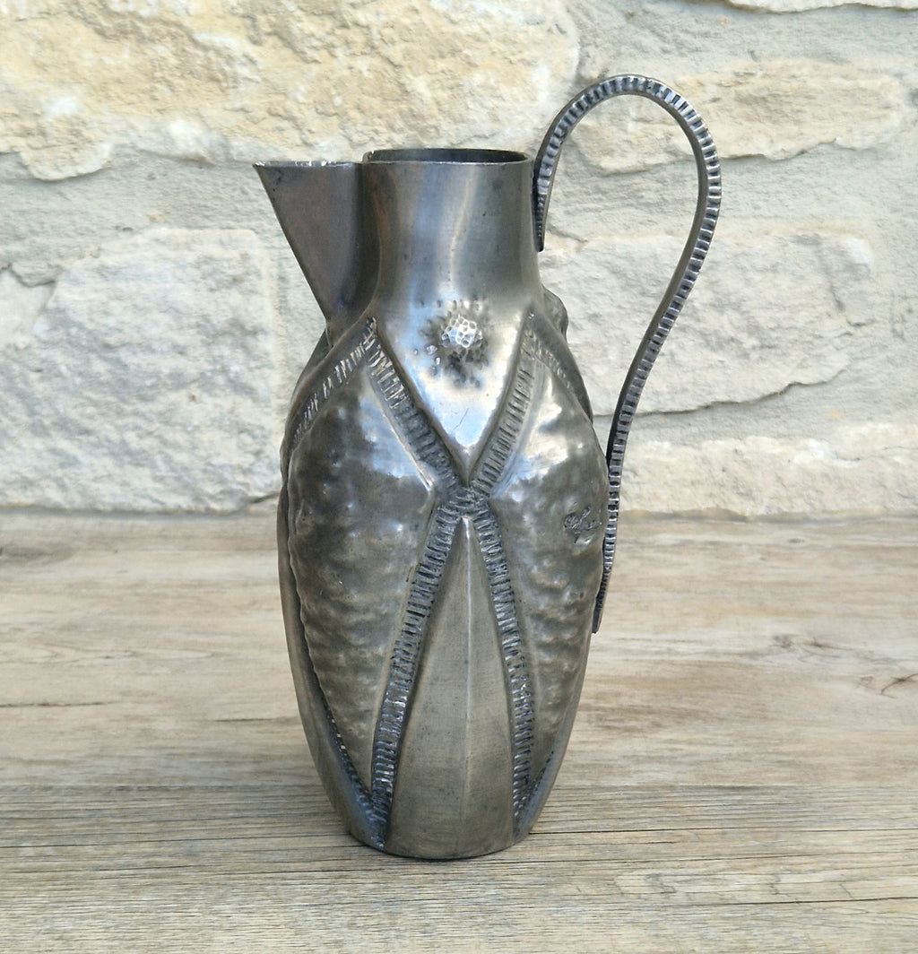 Antique French Art Deco Pewter Pitcher by Alice and Eugene Chanal Hand Hammered Jug Signed