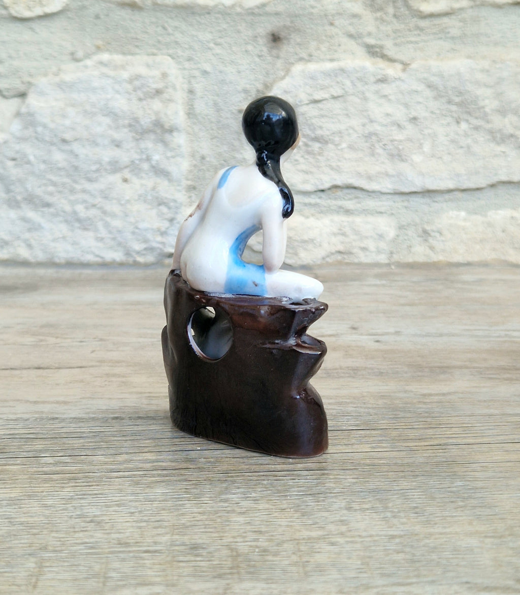 Art Deco Flapper Girl Bathing Belle Figure Ornament Ceramic Hat Pin Holder Continental 1930's