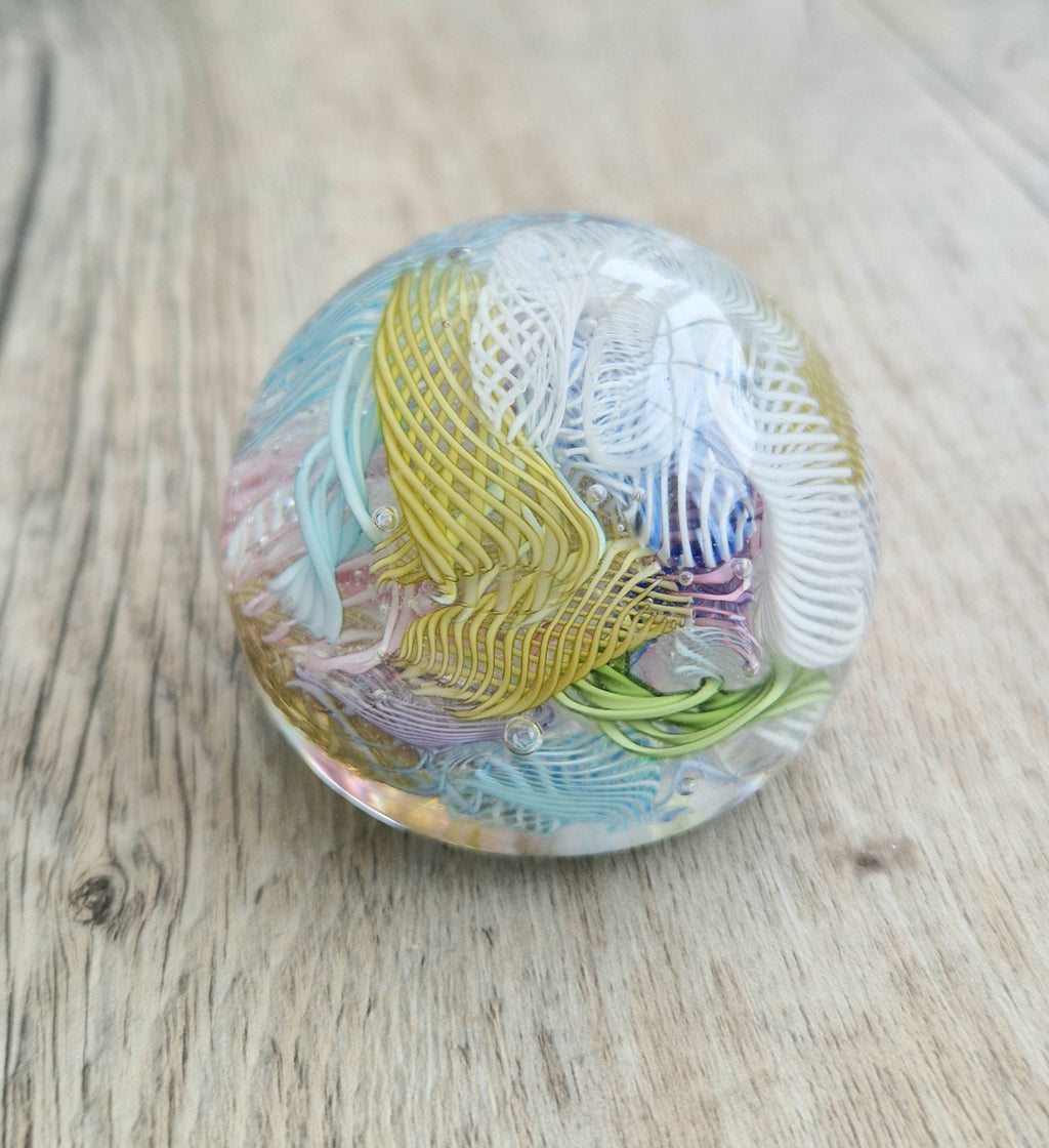 Vintage Murano Art Glass Paperweight with Scrambled Latticino & Zanfirico Canes
