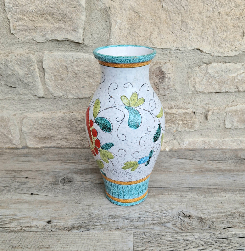 Vintage Large Italian Ceramic Floral Majolica Vase Sgraffito Technique Fratelli Fanciullacci 26cm Tall