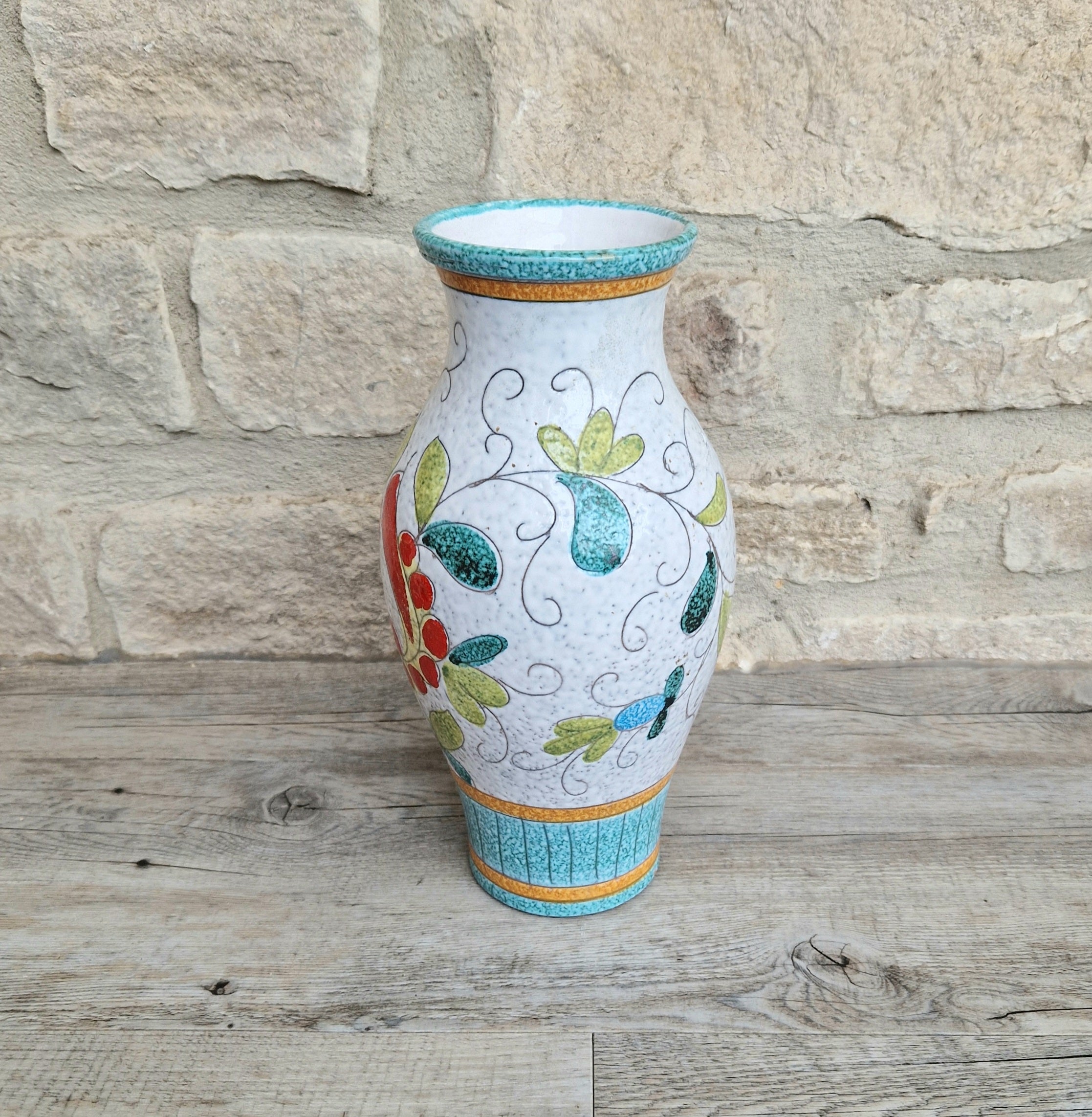 Vintage Large Italian Ceramic Floral Majolica Vase Sgraffito Technique Fratelli Fanciullacci 26cm Tall