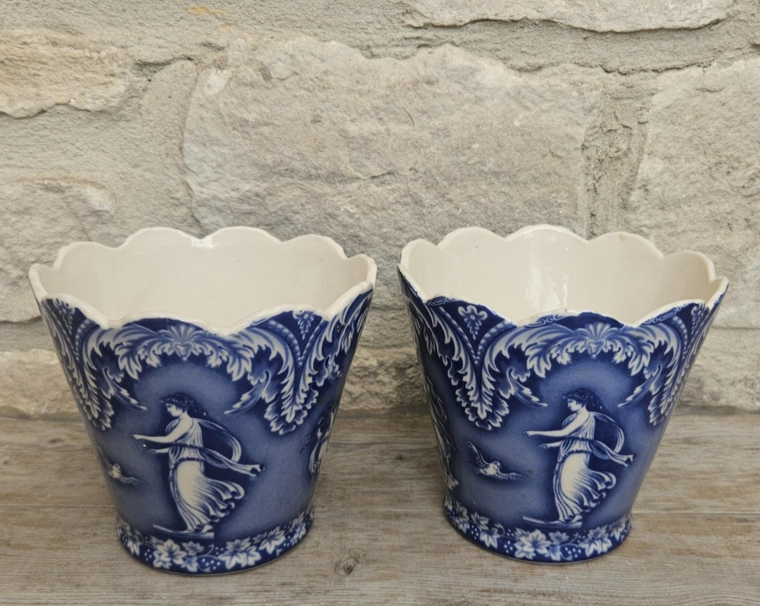 Vintage Pair Cache Pots Planters Blue & White Neoclassical Scalloped Edge Staffordshire Pottery England