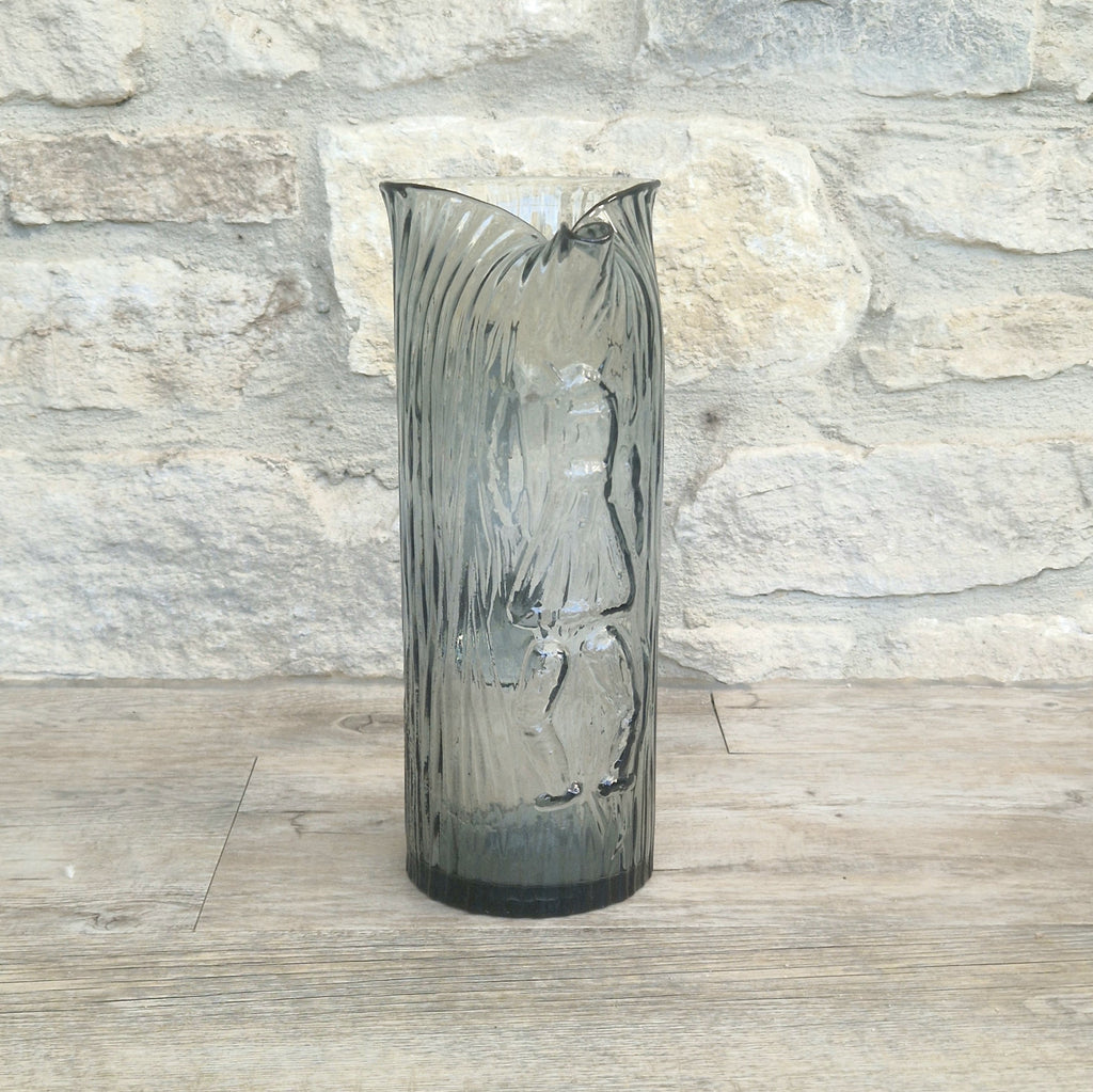 Björkshult Glassworks Sweden Hand Blown Mid Century Textured Smoke Glass 'Viking Pitcher Large