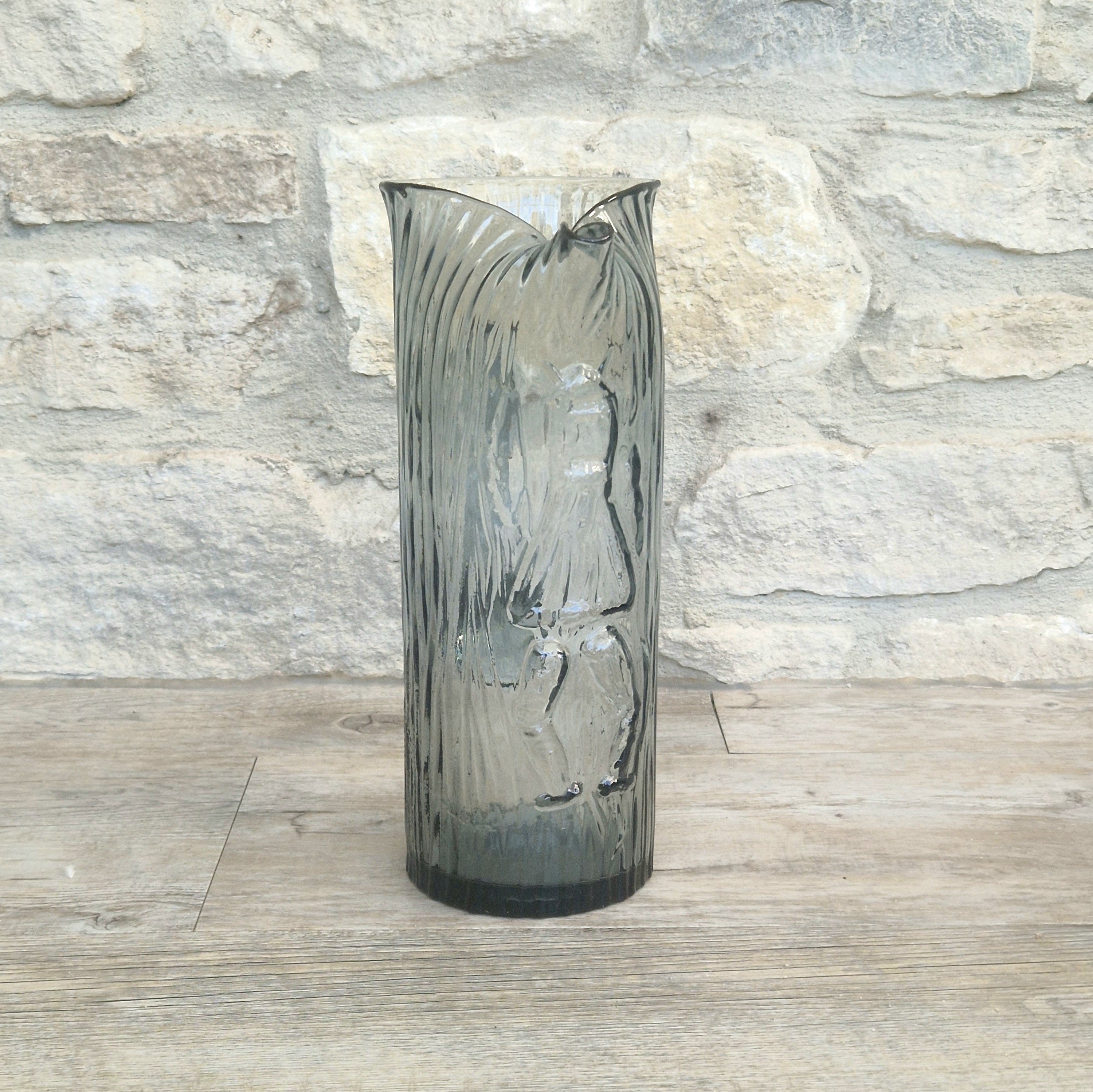 Björkshult Glassworks Sweden Hand Blown Mid Century Textured Smoke Glass 'Viking Pitcher Large