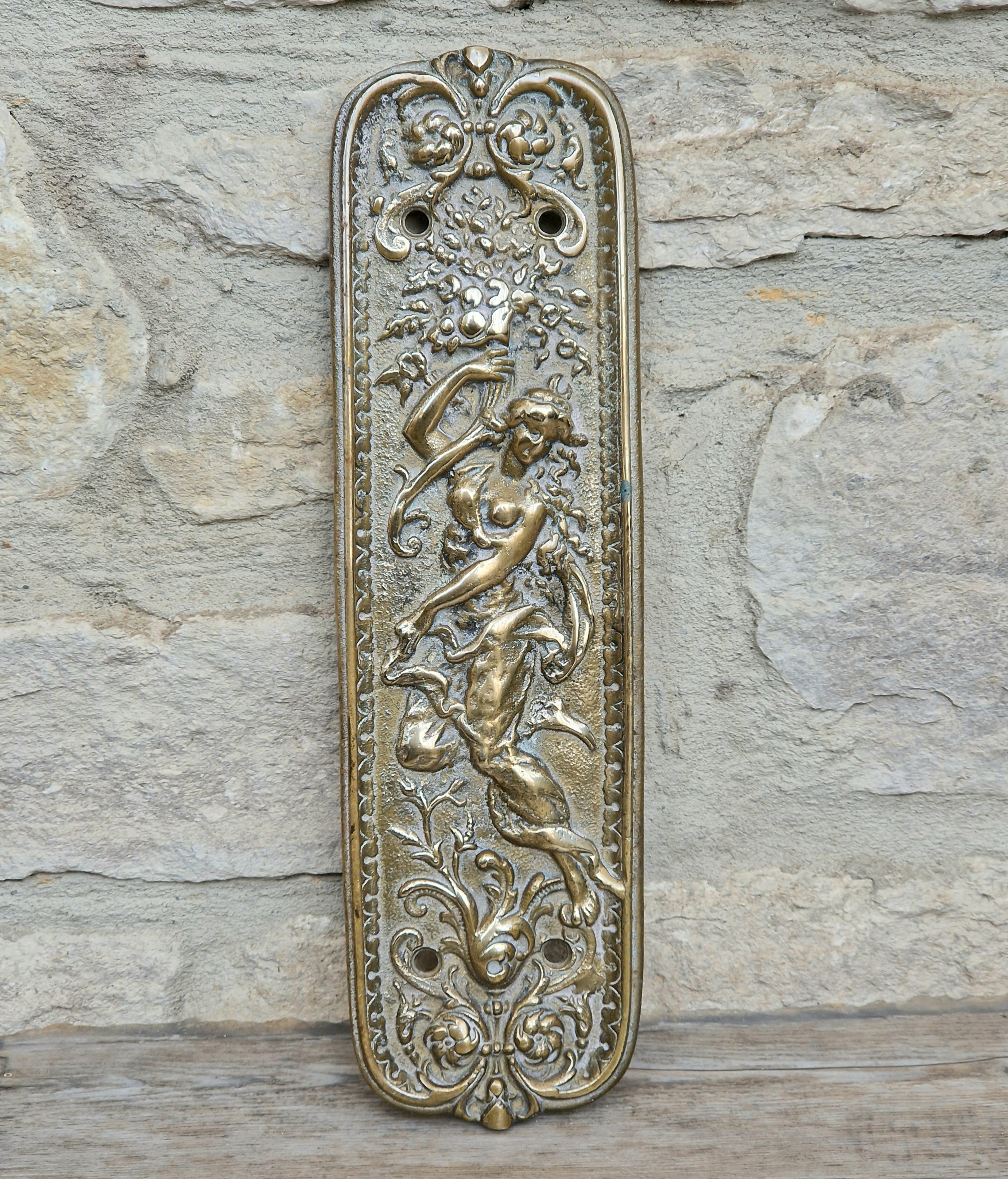 Cast Brass Art Nouveau Figural Relief Large Door Push Finger Plate Antique