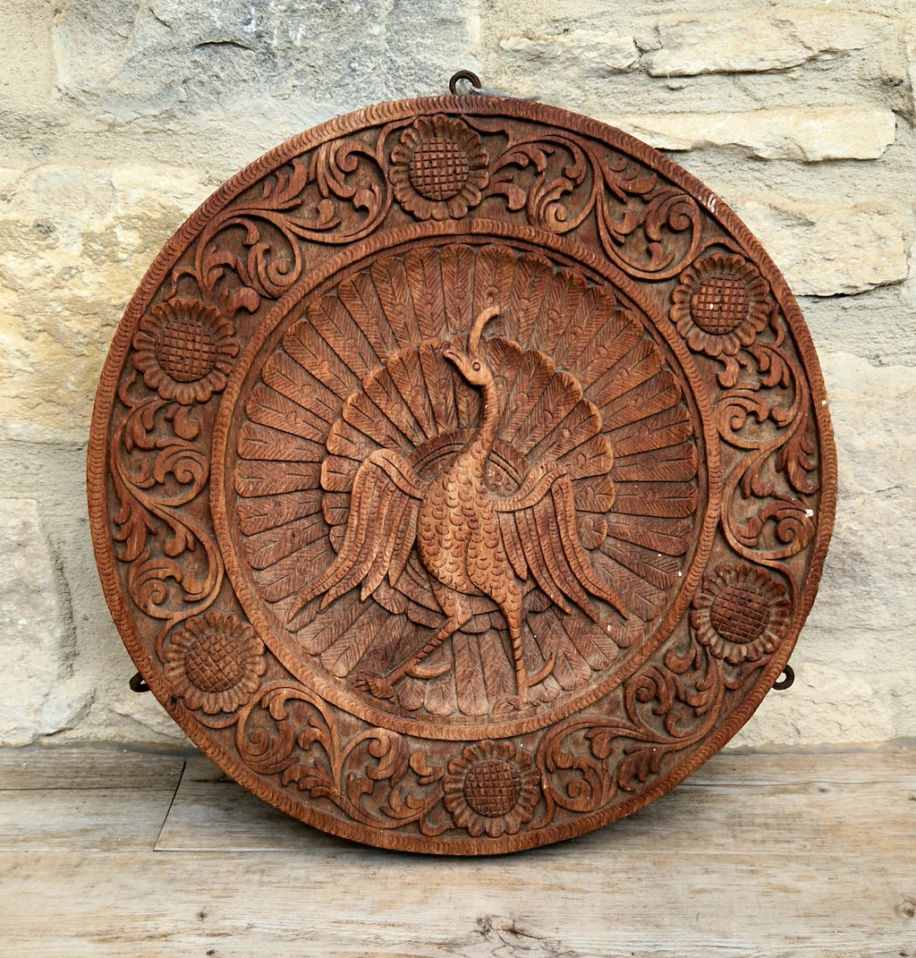 19th c. Colonial Anglo-Indian Hand-Carved Teak Wood Dancing Peacock Disc Panel 30cm