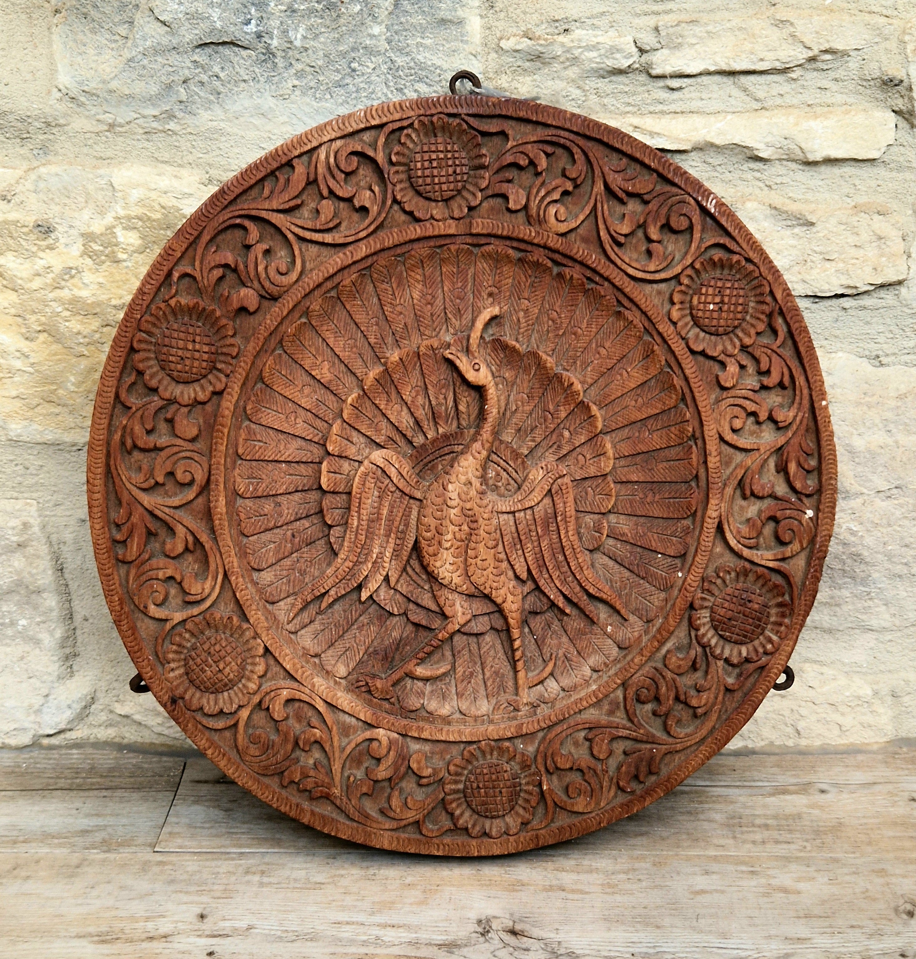 19th c. Colonial Anglo-Indian Hand-Carved Teak Wood Dancing Peacock Disc Panel 30cm