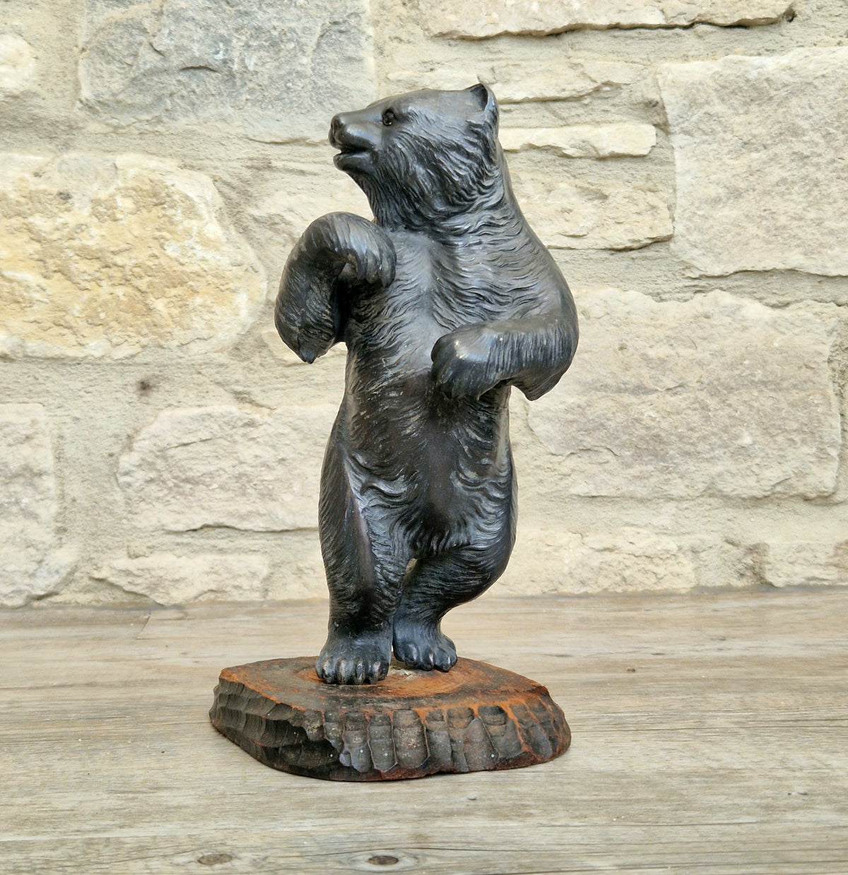 Cast Spelter Standing Bear Sculpture On Rustic Wood Base Rare Antique Art Deco