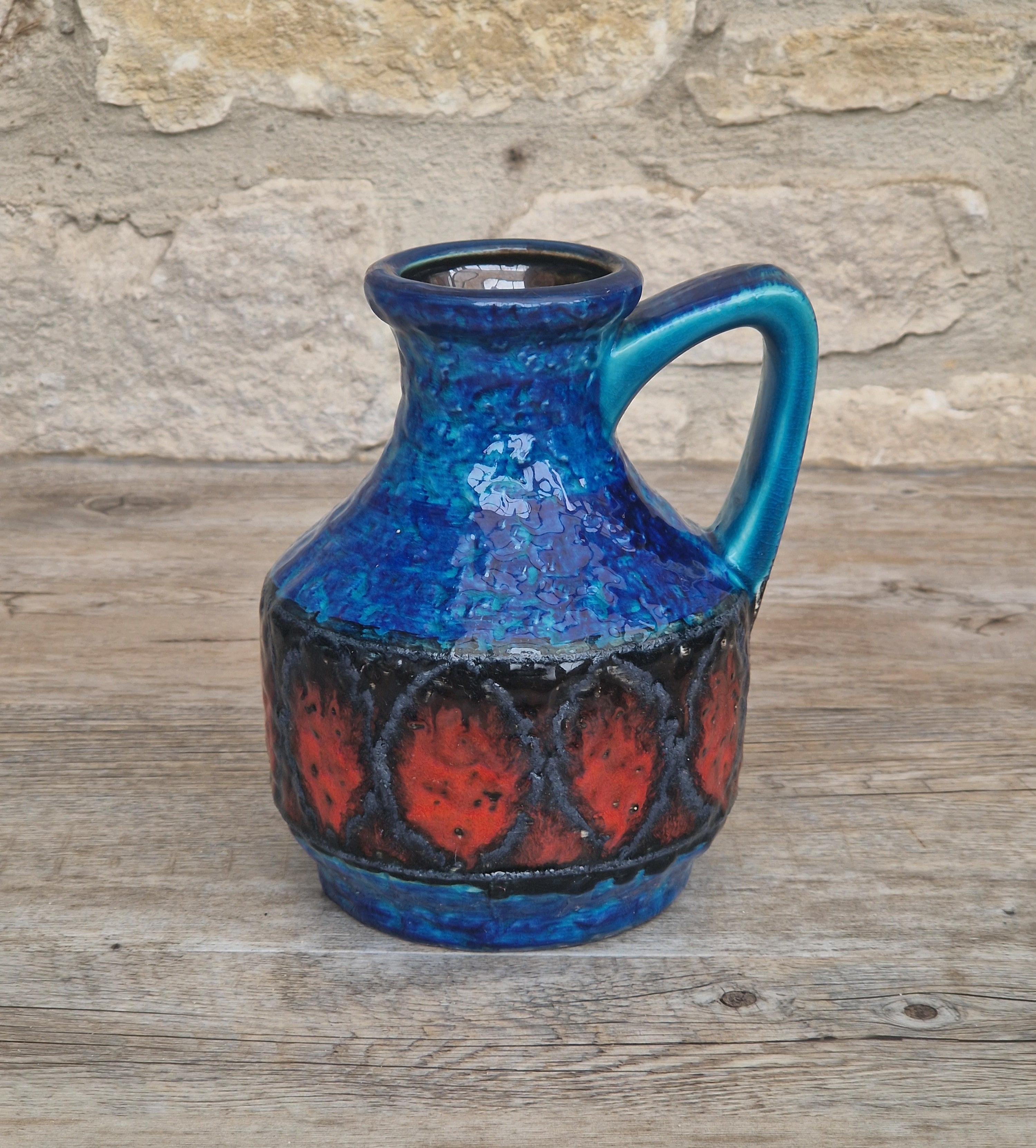 Bay Keramik West German Fat Lava Pottery Jug Vase Mid-Century Bright Blue Vintage