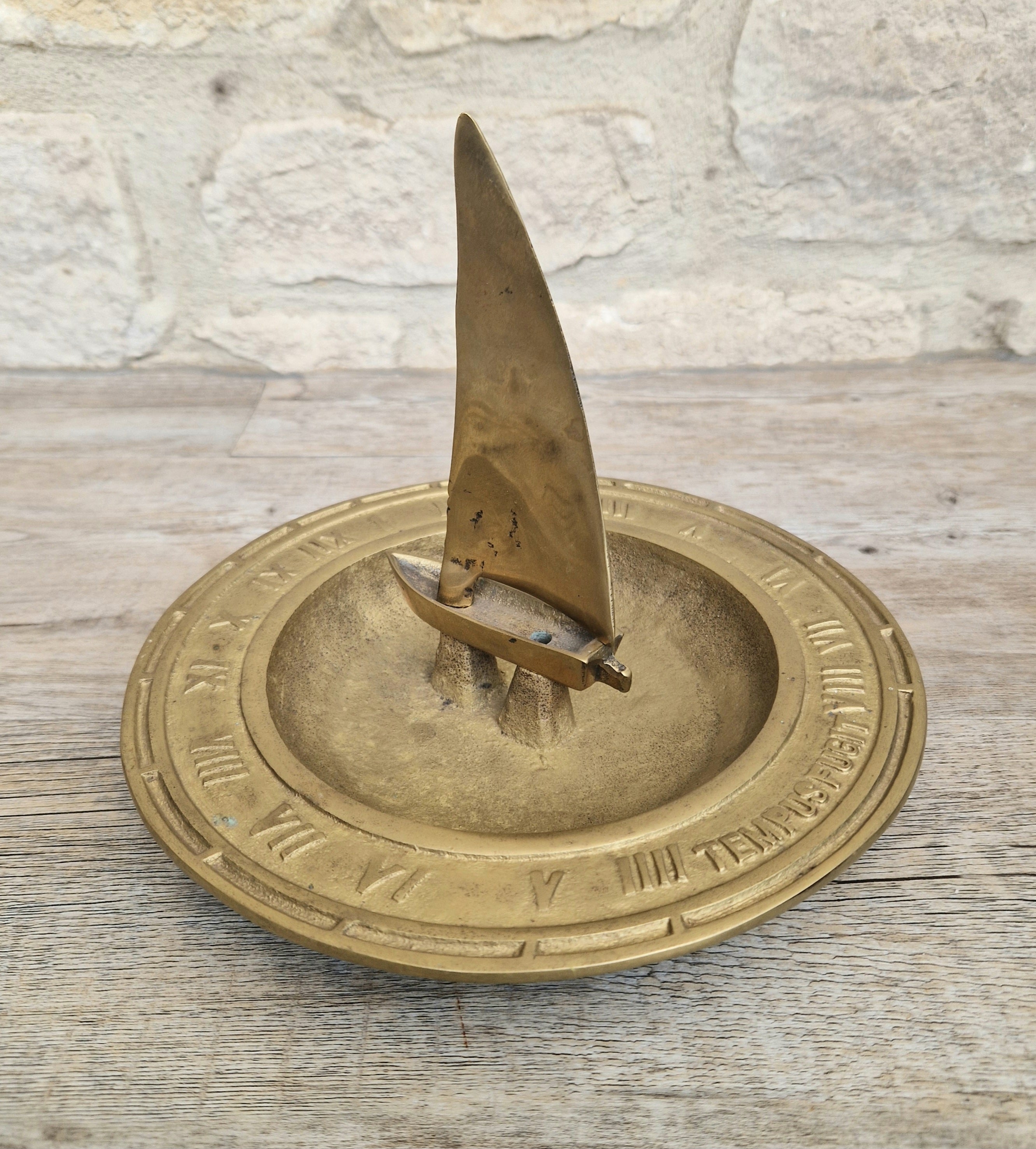 Bronze & Brass Sailing Boat Birdbath Sundial Vintage Garden Ornament