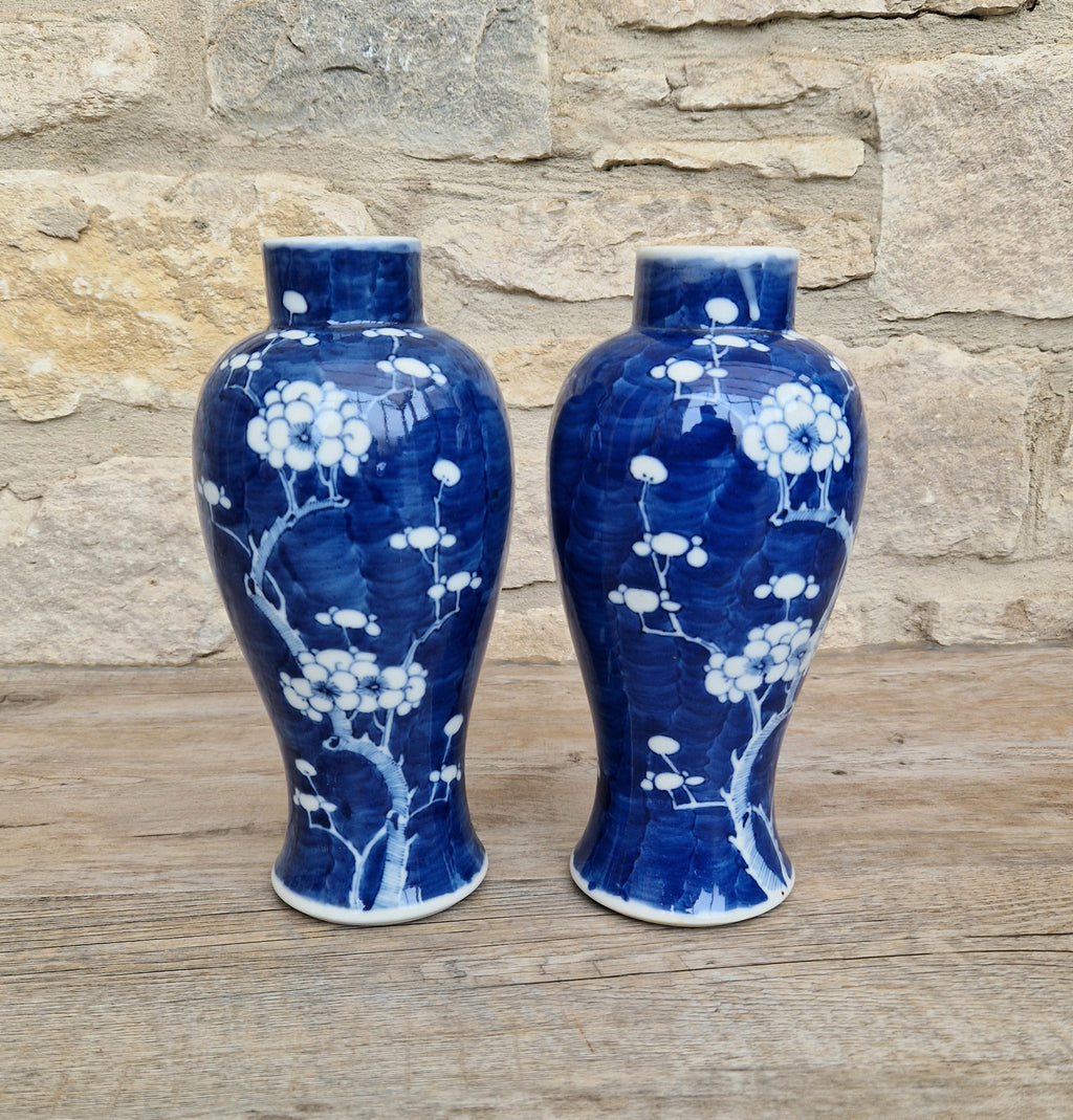 Pair Kangxi Style Blue & White Prunus Baluster Garniture Vases