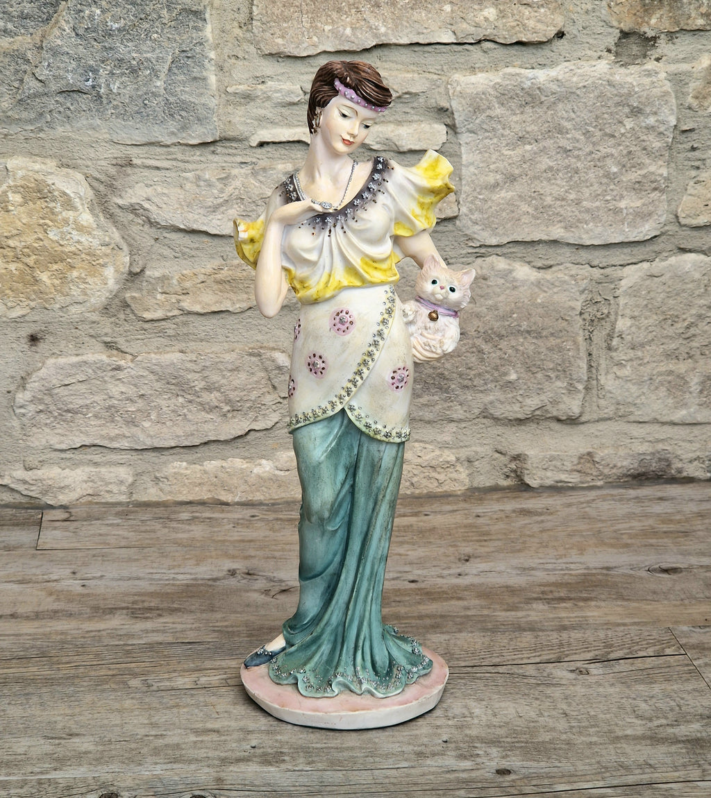 Vintage 14” Art Deco Style Resin Lady Figurine with Cat, Elegance Statue Angelica Collection, 1.46kg Heavy Mantle Sculpture 36cm