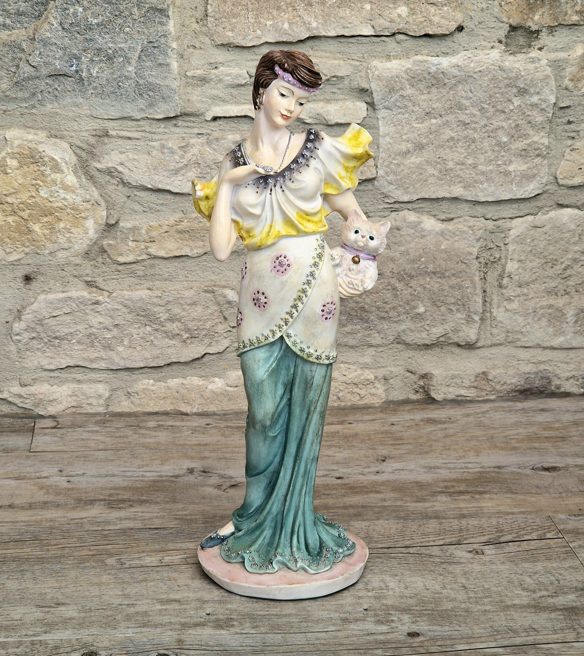 Vintage 14” Art Deco Style Resin Lady Figurine with Cat, Elegance Statue Angelica Collection, 1.46kg Heavy Mantle Sculpture 36cm