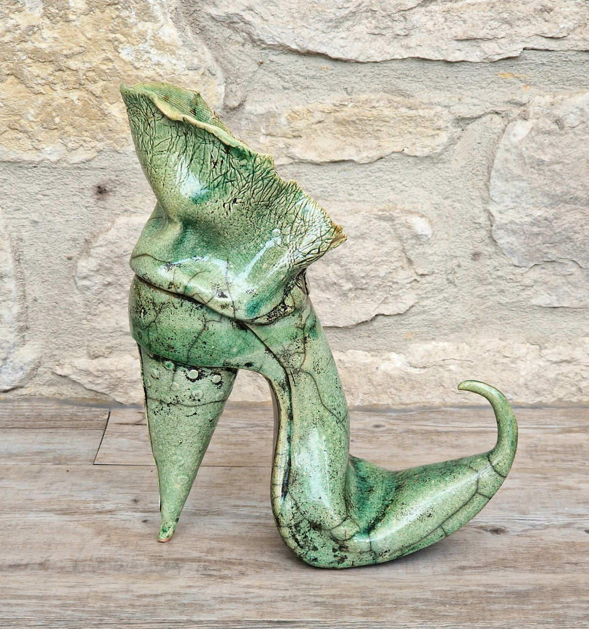 Vintage Ceramic Witches Boot Art Ornament, Green Crackle Glaze, Whimsical Handmade Style, Gothic Decorative Sculpture