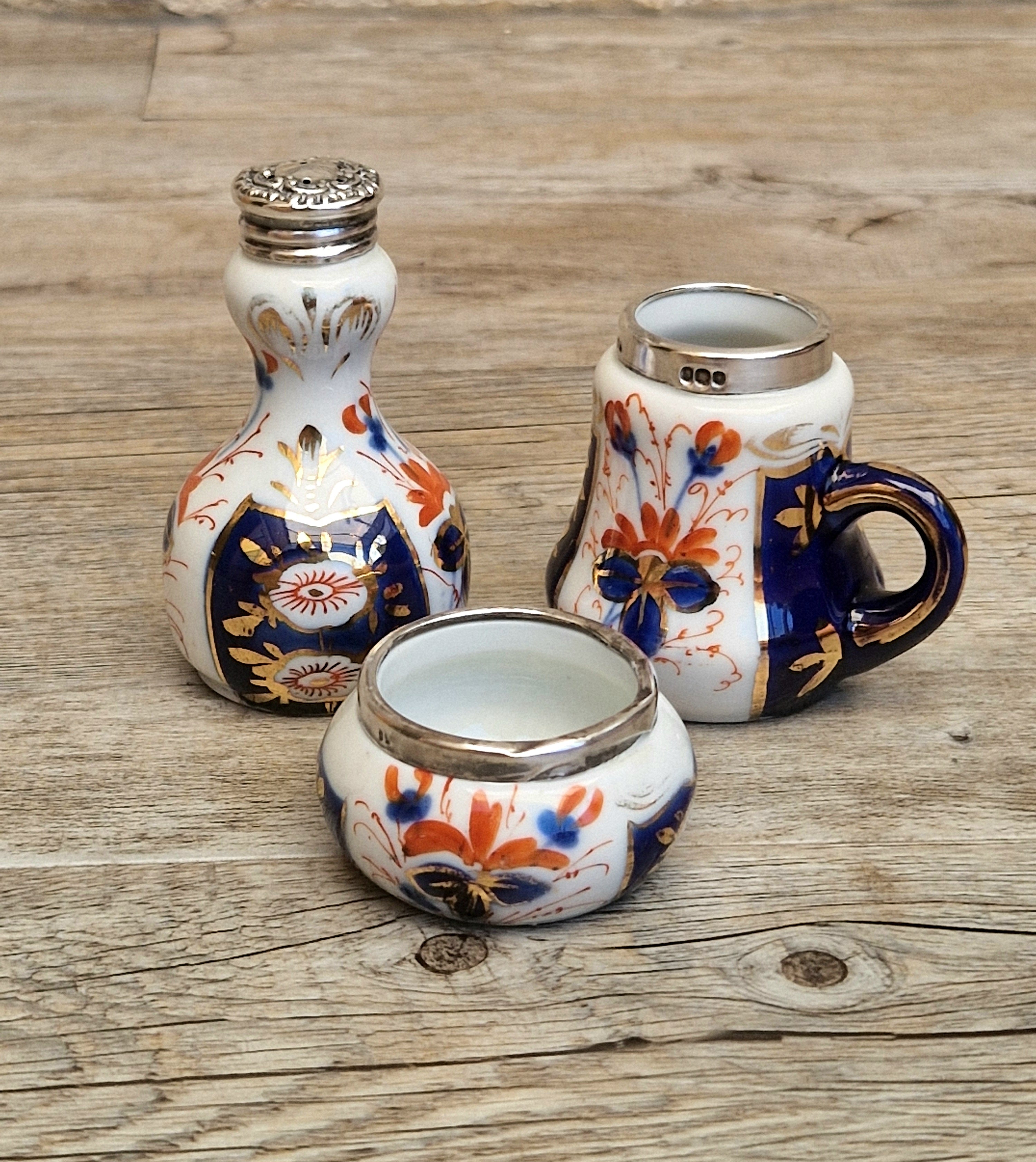 Antique 1904 London Sterling Silver Imari Cruet Set Salt Pepper Mustard Pot Victorian Condiment