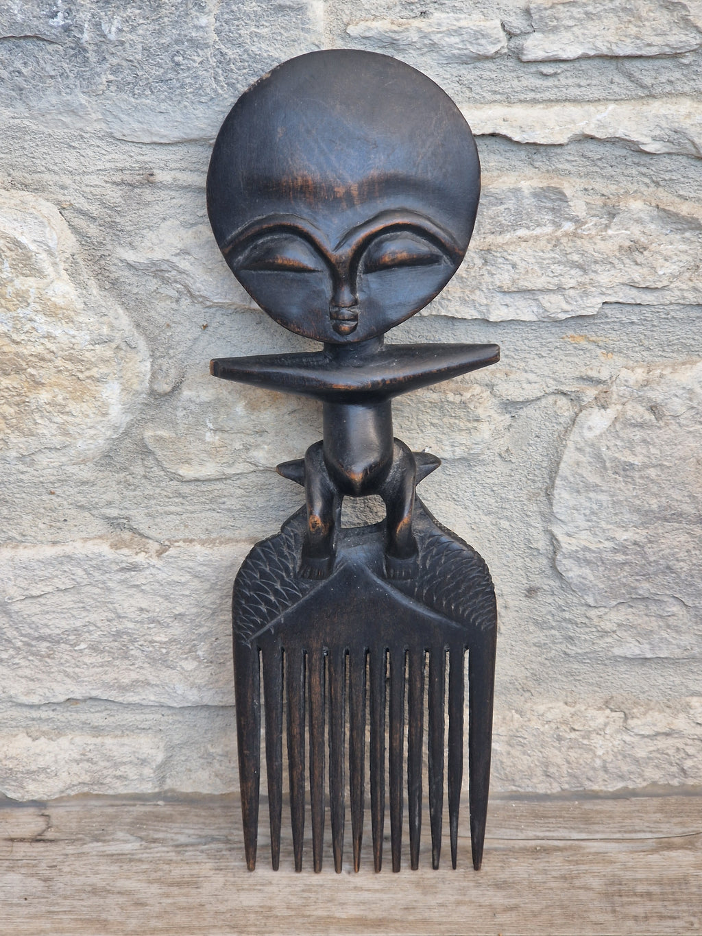 Vintage 31cm Ashanti Wooden Comb Duafe Hand Carved African Tribal Art Ghana Akuaba Doll