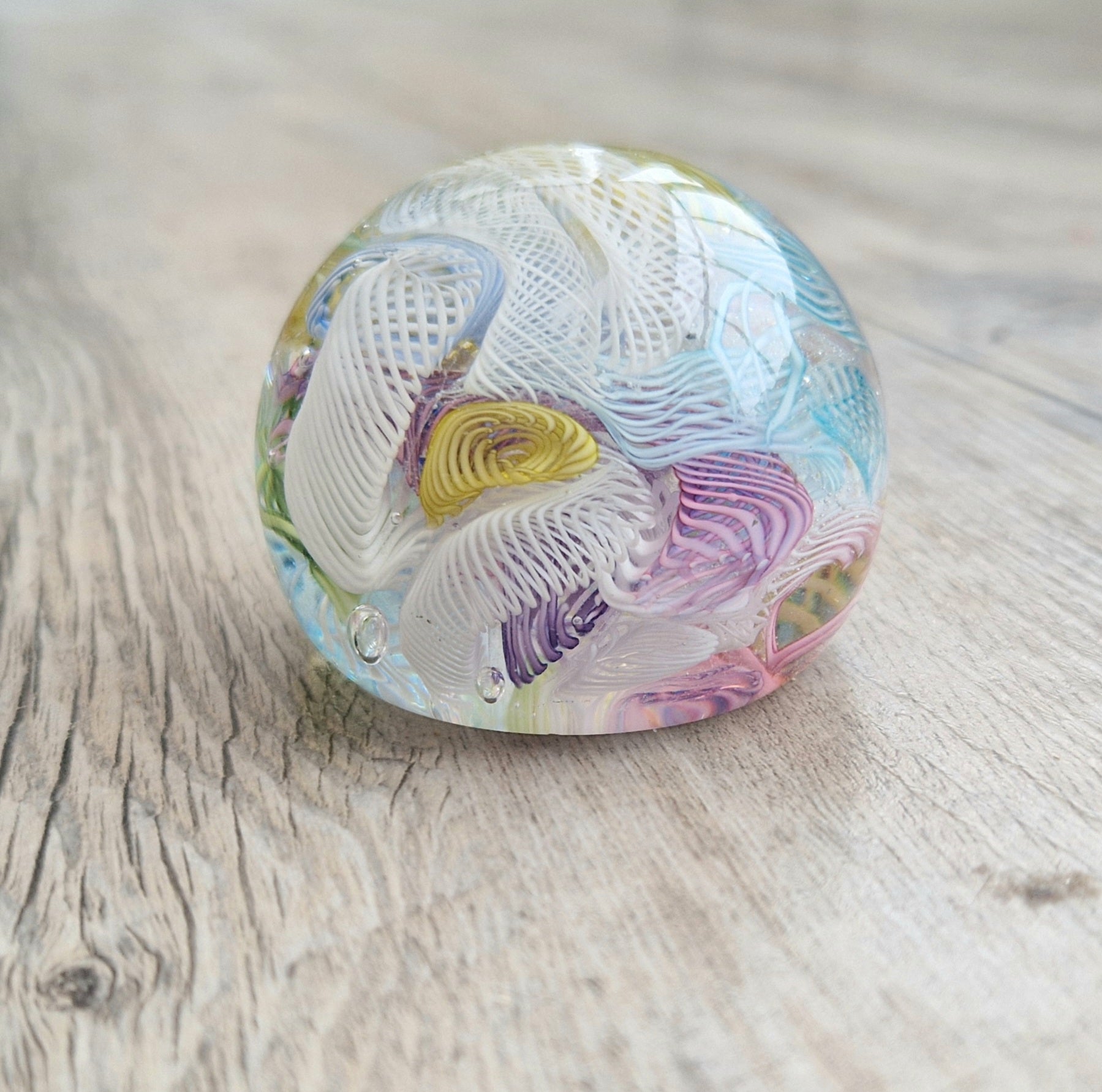 Vintage Murano Art Glass Paperweight with Scrambled Latticino & Zanfirico Canes