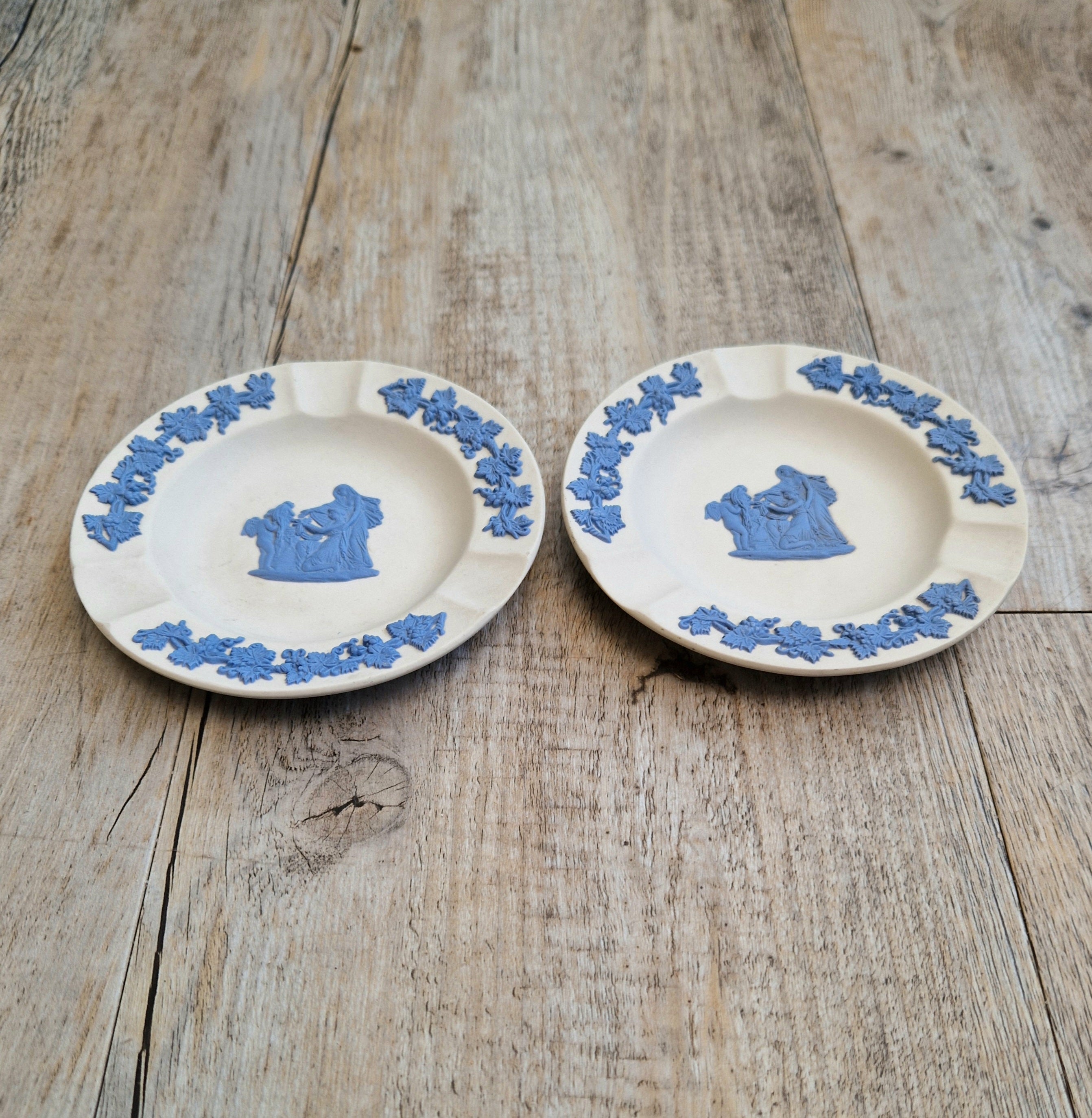 Pair Wedgwood Reverse Blue on White Jasperware Neo-Classical Pin Tray Ashtrays Vintage
