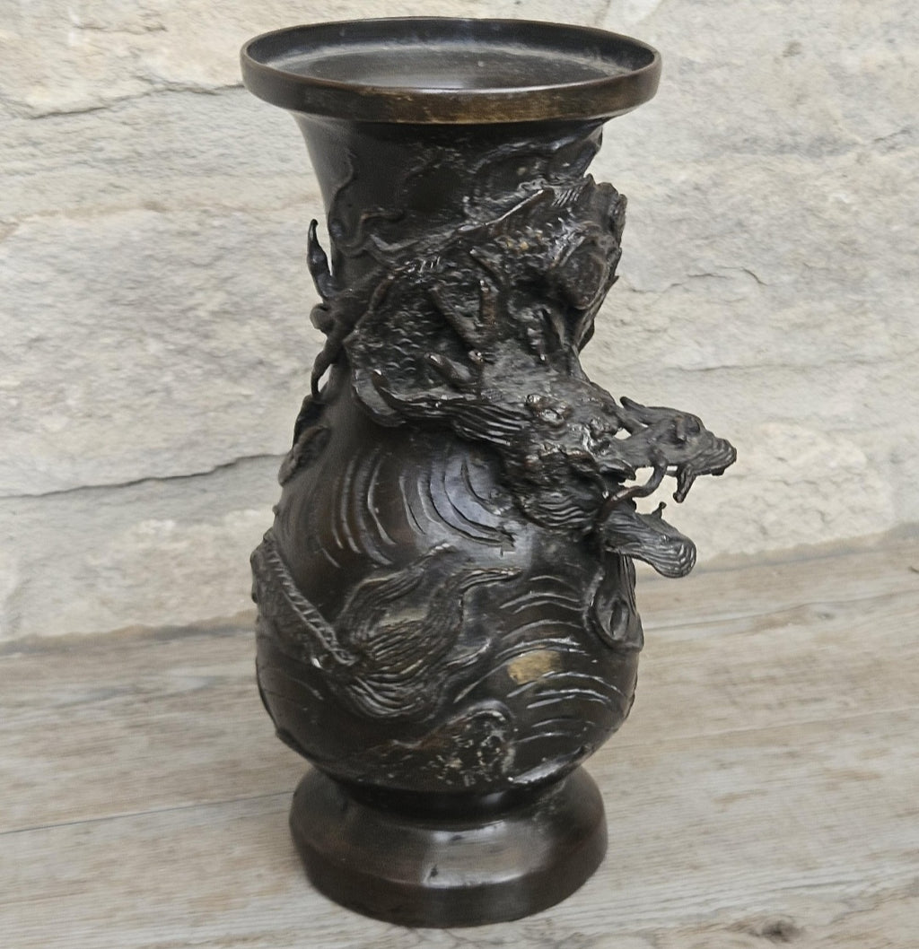 Antique Japanese Bronze Dragon Vase, Meiji Period 19th Century Asian Art Decor 18cm