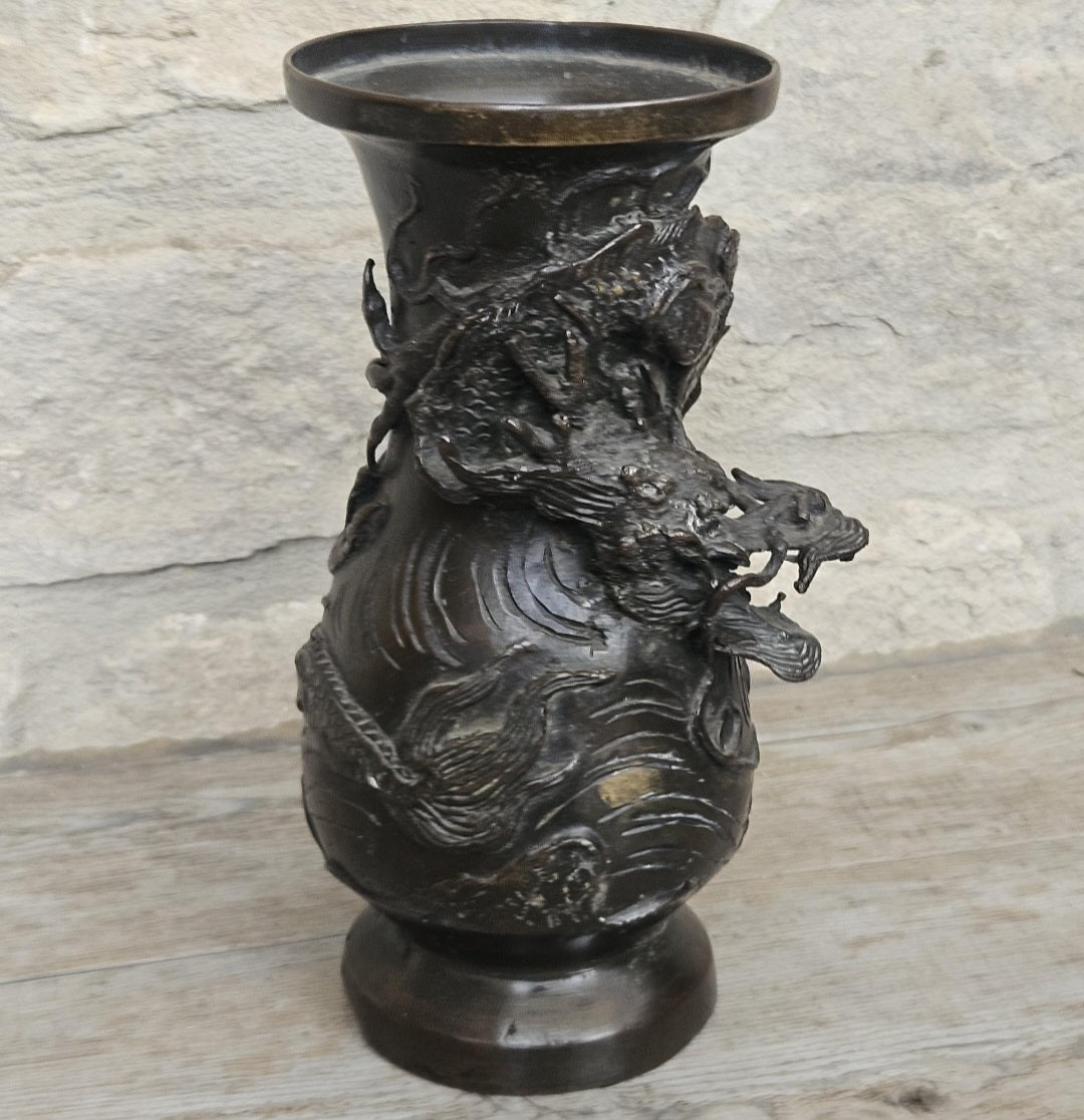 Antique Japanese Bronze Dragon Vase, Meiji Period 19th Century Asian Art Decor 18cm