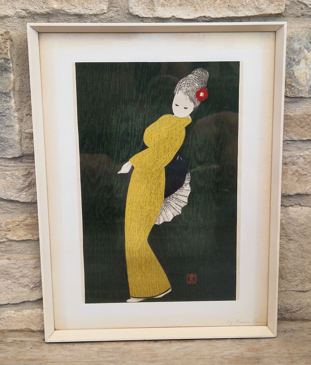 Vintage Kaoru Kawano Large Japanese Woodblock Print Camellia Yellow Kimono Mid-Century Framed