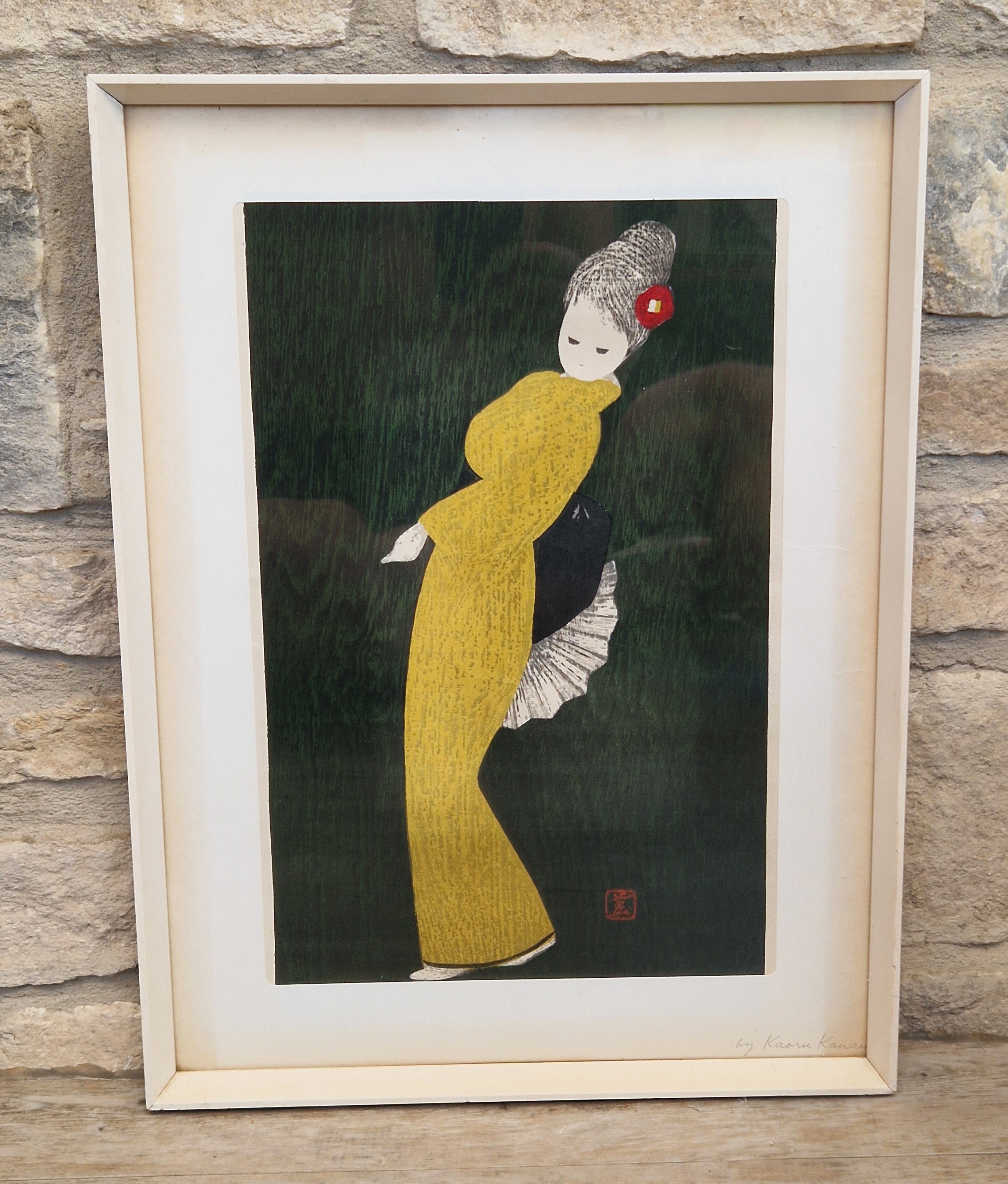 Vintage Kaoru Kawano Large Japanese Woodblock Print Camellia Yellow Kimono Mid-Century Framed